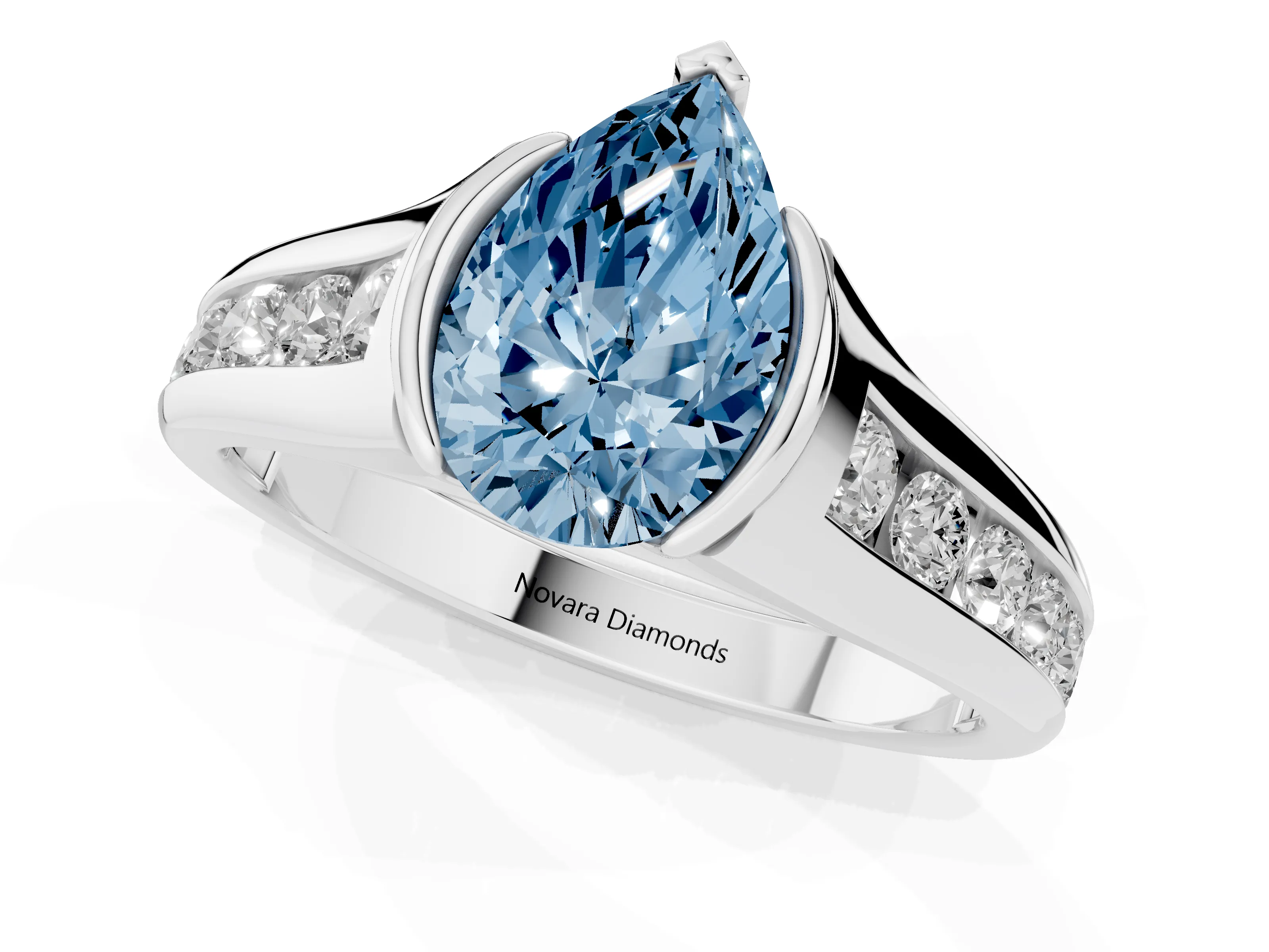 Fancy Blue Pear Cut Diamond Bezel-Set Solitaire Ring Set in Silver with Channel-Set Band