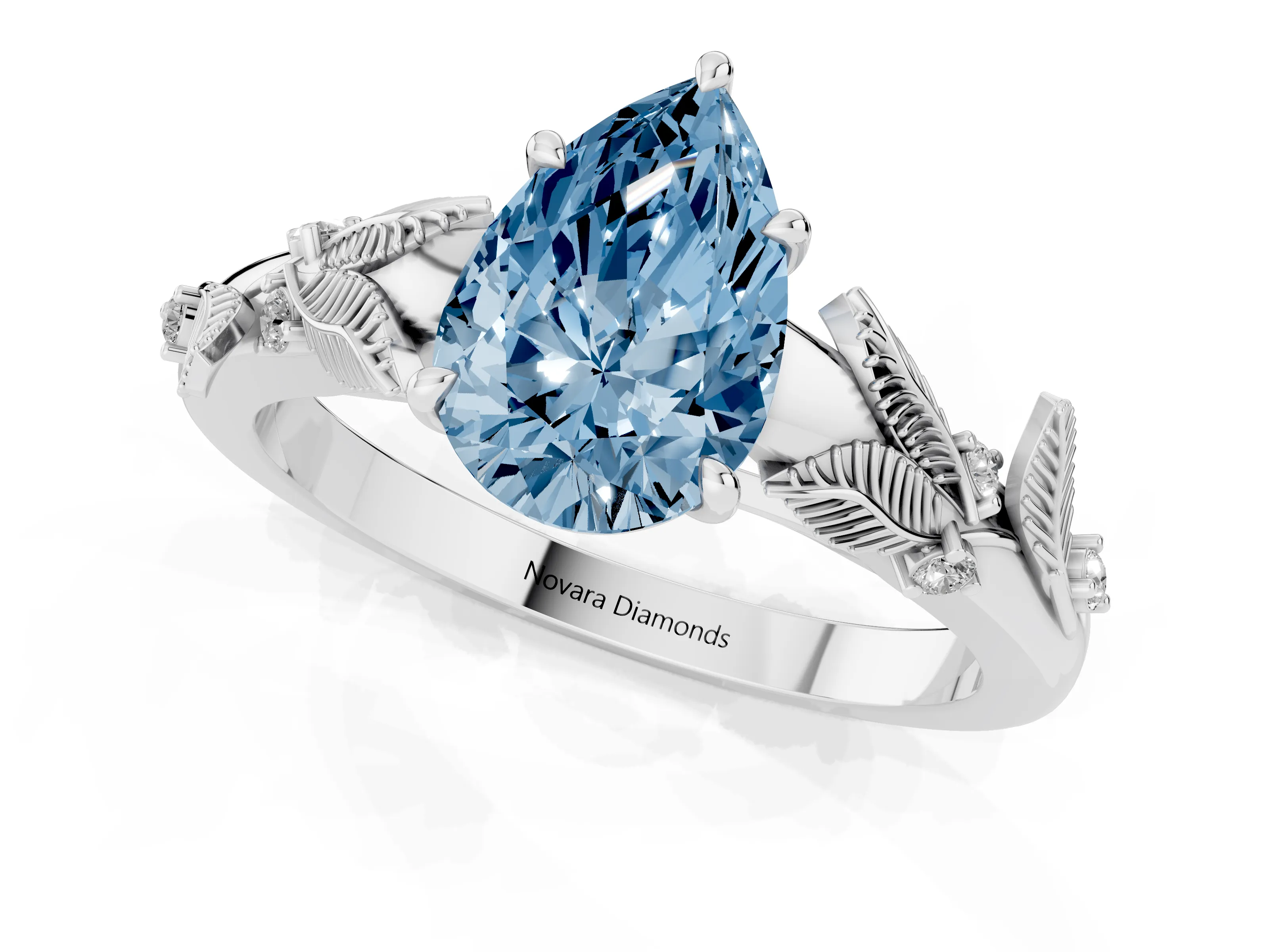 Fancy Blue Pear Cut Diamond Solitaire Ring Set in White gold with Leaf Motif Band