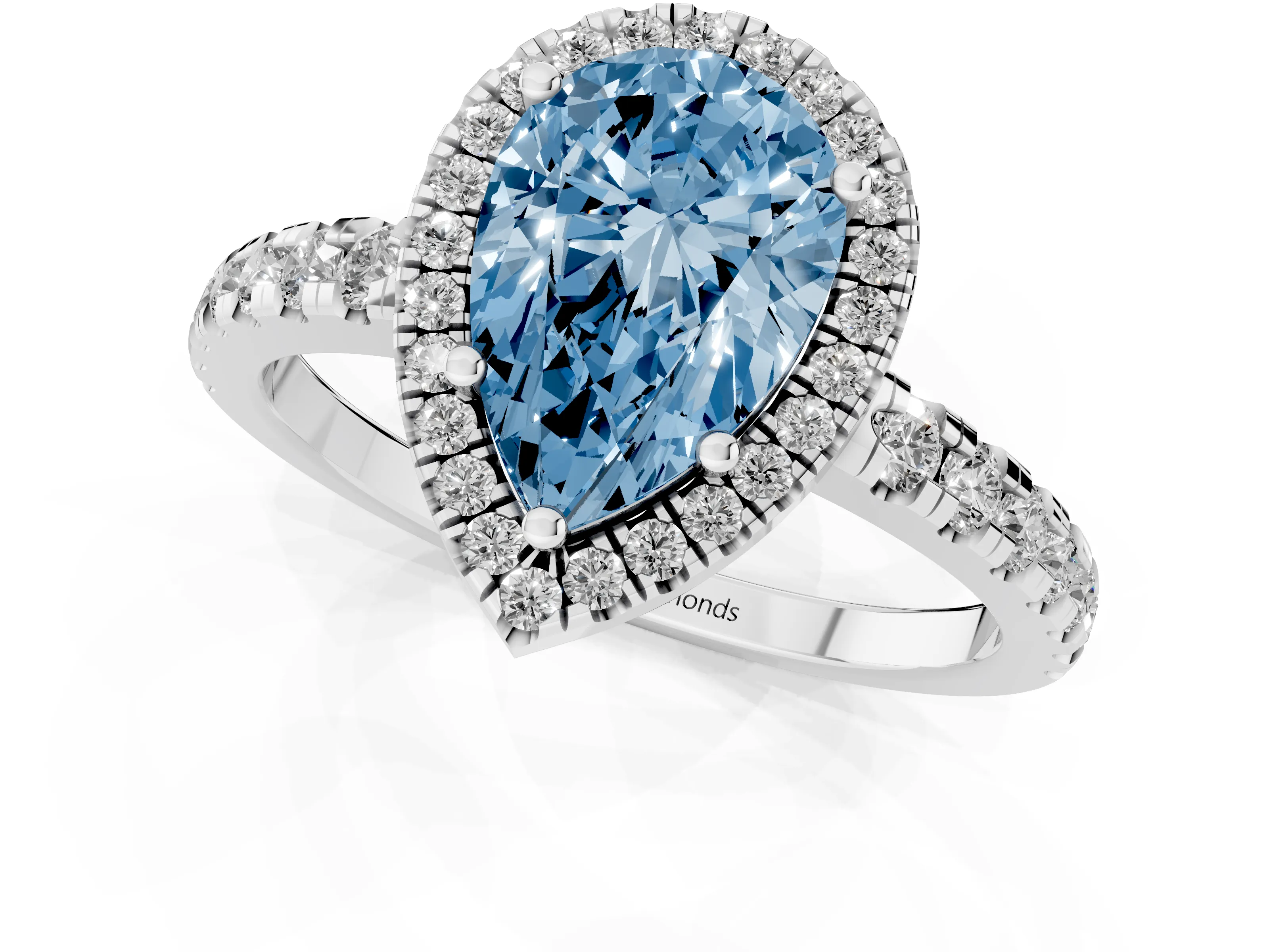 Fancy Blue Pear Cut Diamond Halo Ring Set in White gold with Delicate Pavé Band and Prong Setting