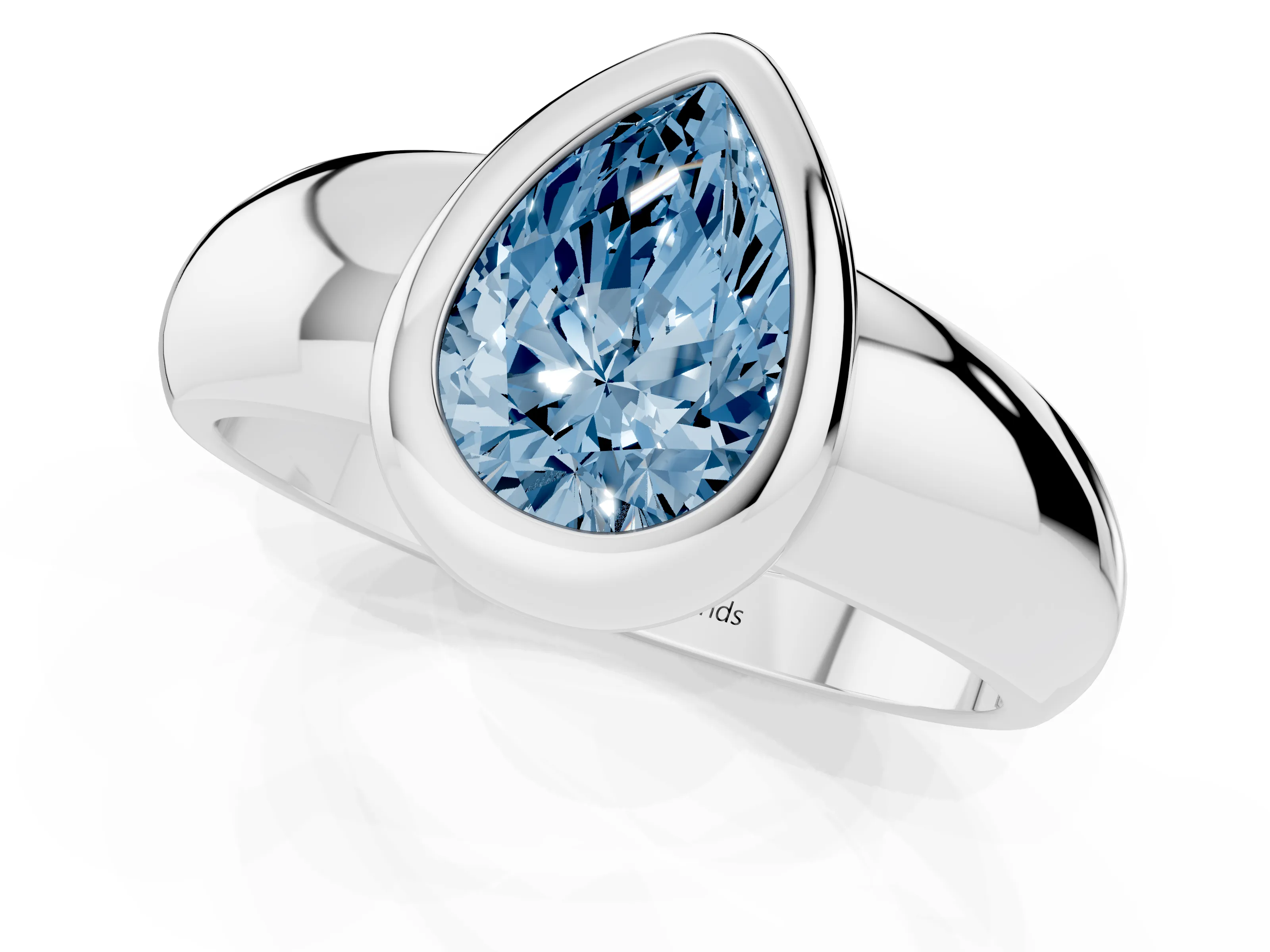 Fancy Blue Bezel Set Pear Cut Diamond Solitaire Ring Set in White gold with Wide Band
