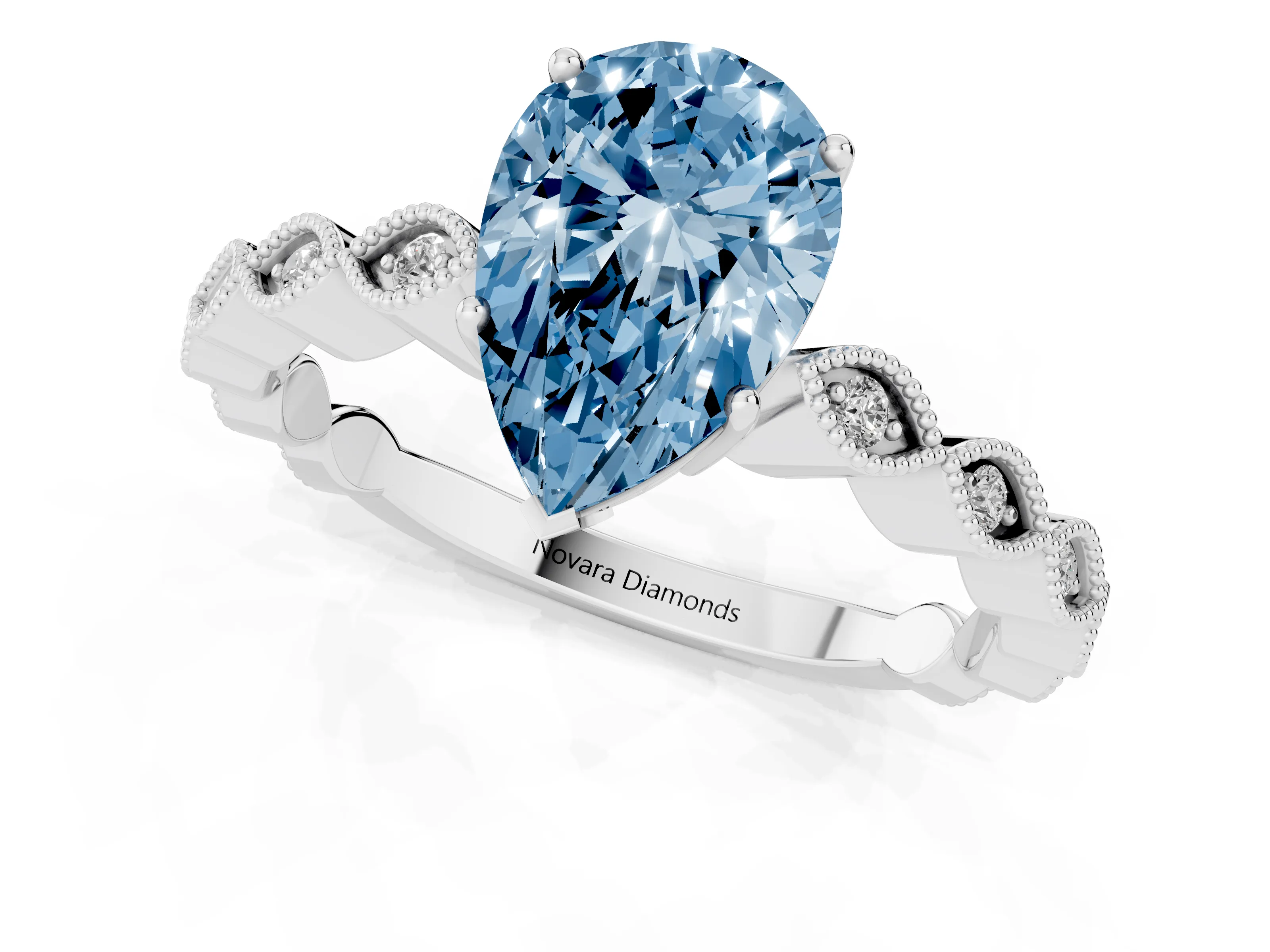Fancy Blue Pear Cut Diamond Solitaire Ring Set in Platinum with Infinity Twist Pavé Band