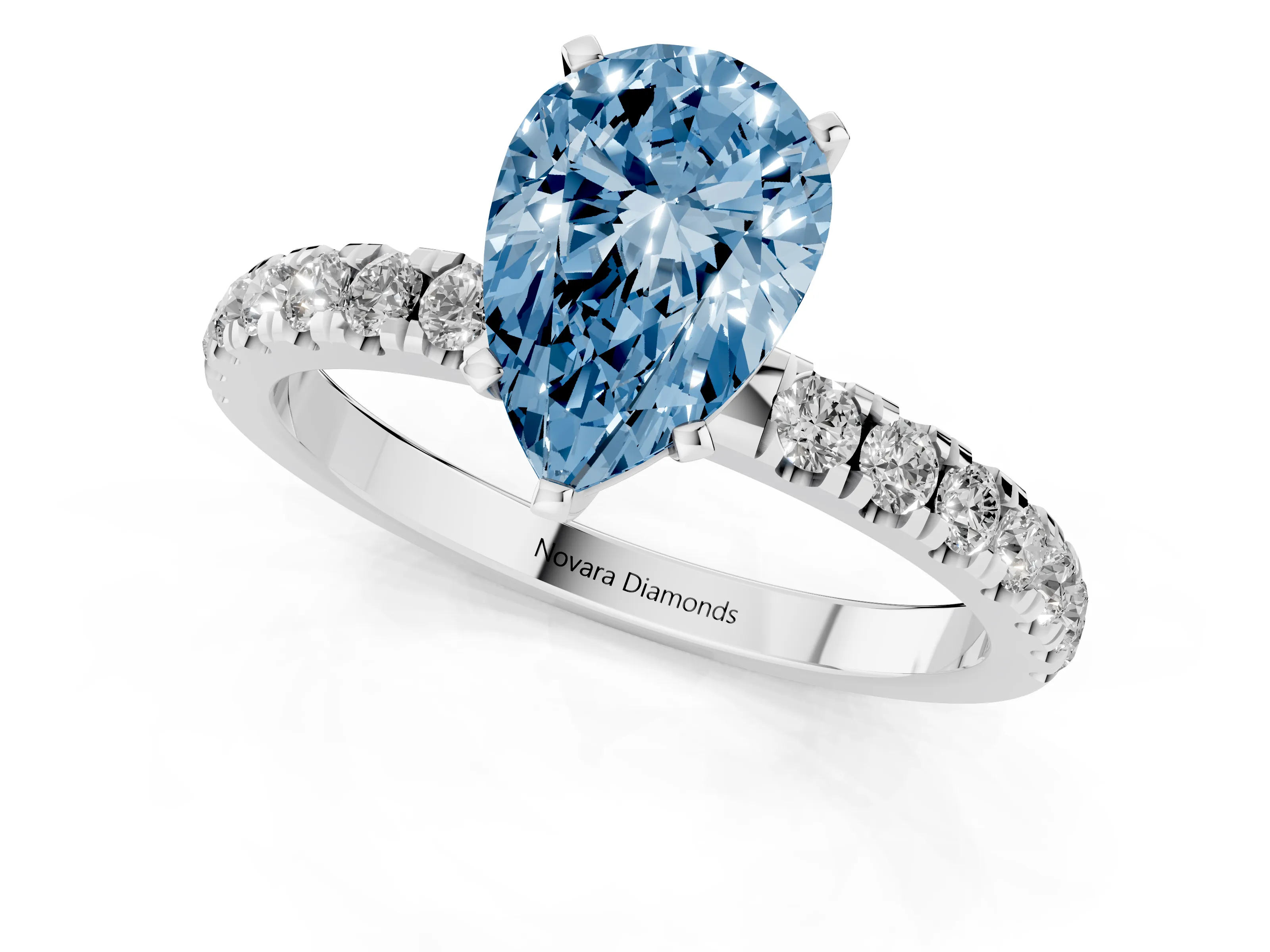 Fancy Blue Pear Cut Diamond Solitaire Ring Set in White gold with Pavé Accents and Prong Setting