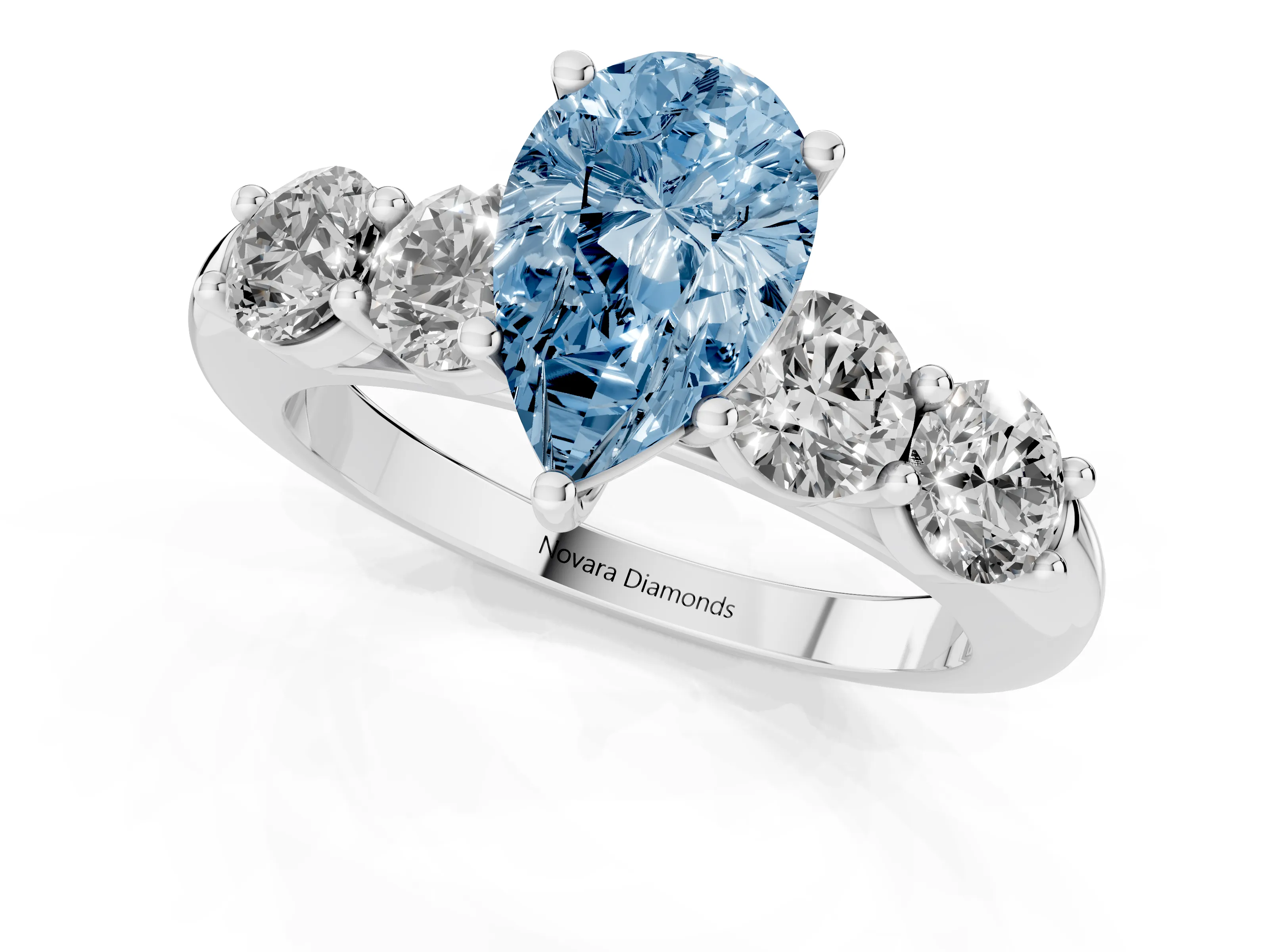 Fancy Blue Pear Cut Diamond Five-Stone Prong Set Ring Set in White gold with Classic Band