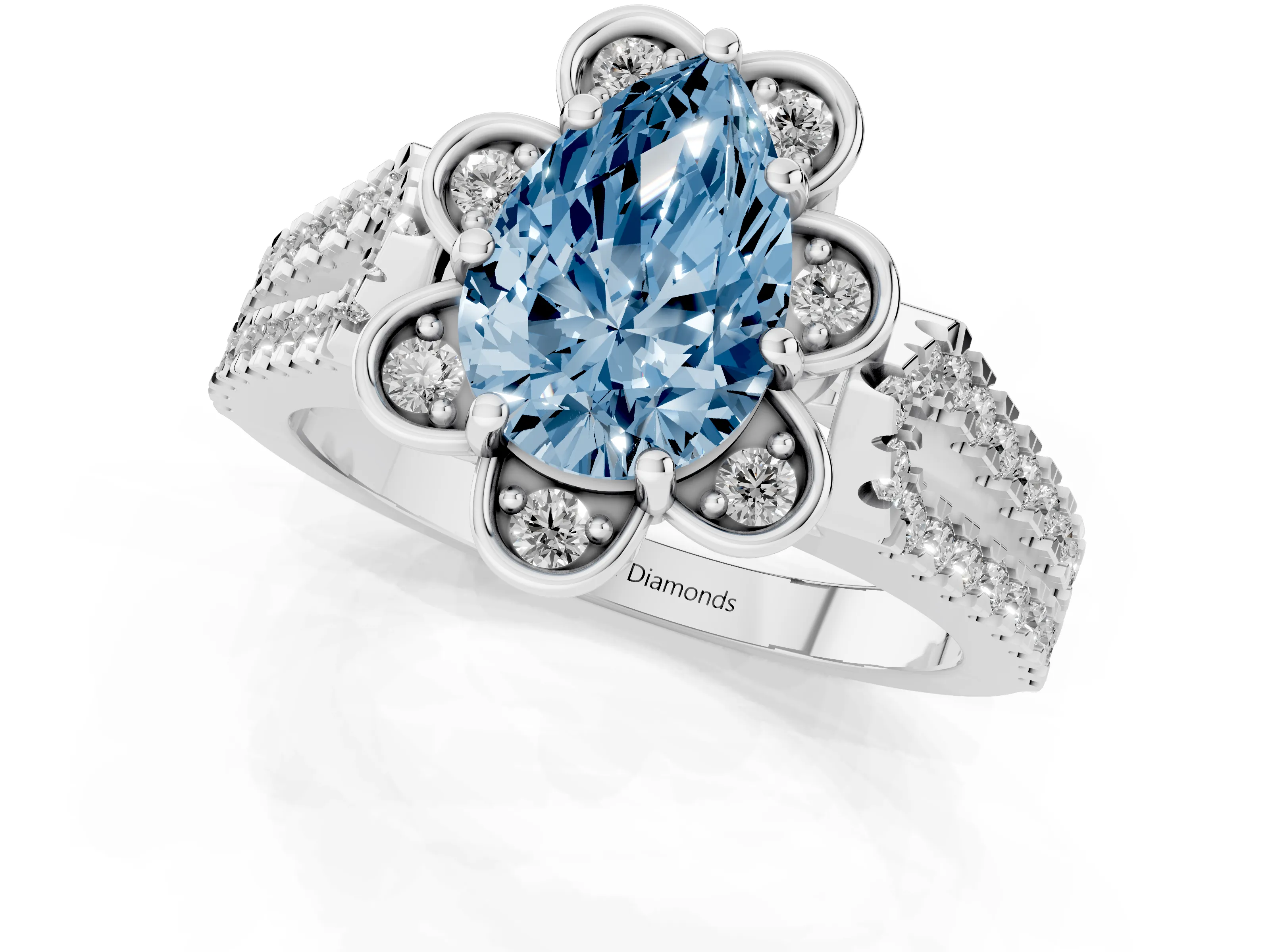 Fancy Blue Pear Cut Diamond Floral Halo Split Shank Engagement Ring Set in Platinum with Pavé Shank