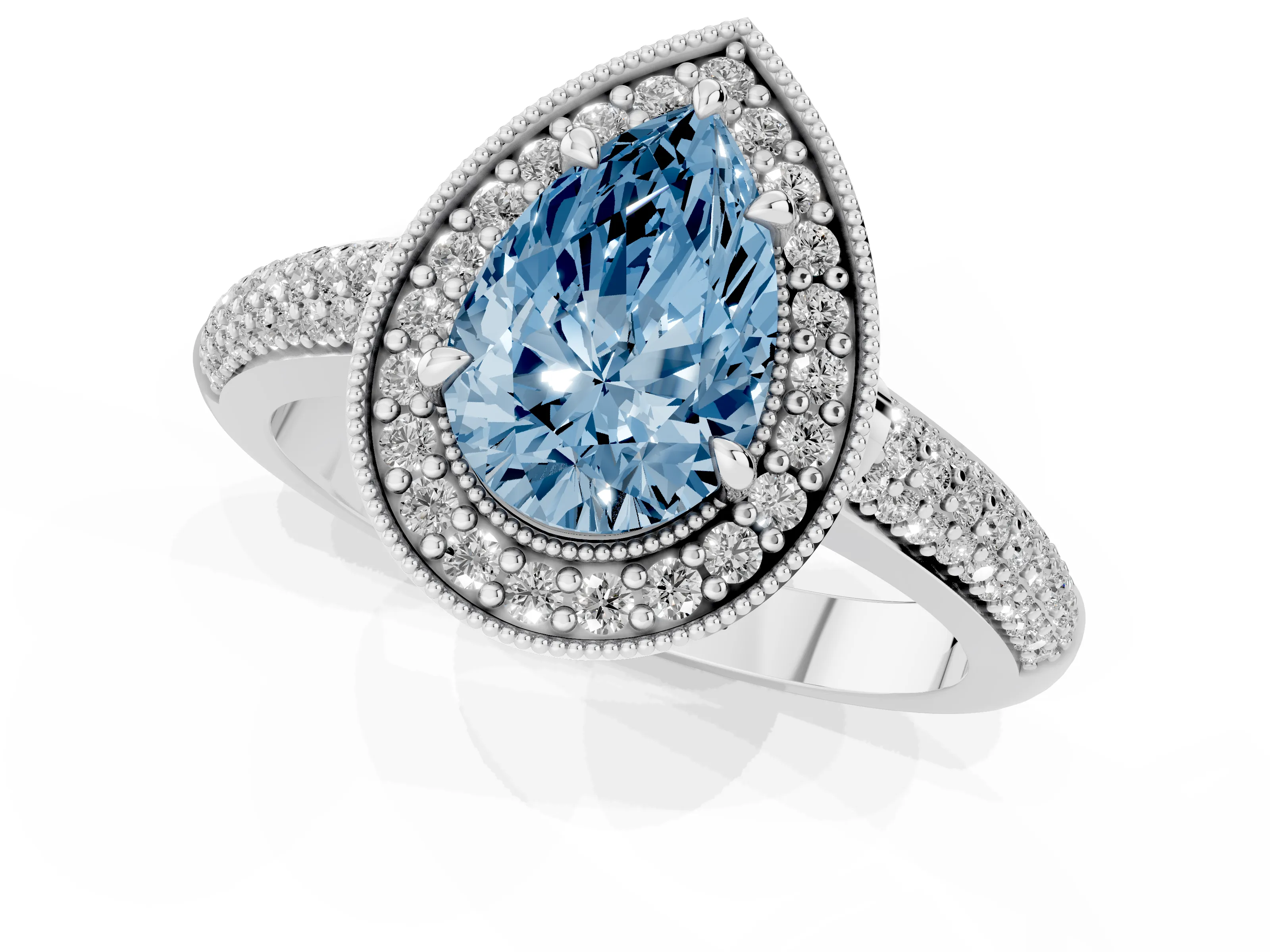 Fancy Blue Pear Cut Diamond Halo Pavé Band Set in White gold with Prong Setting