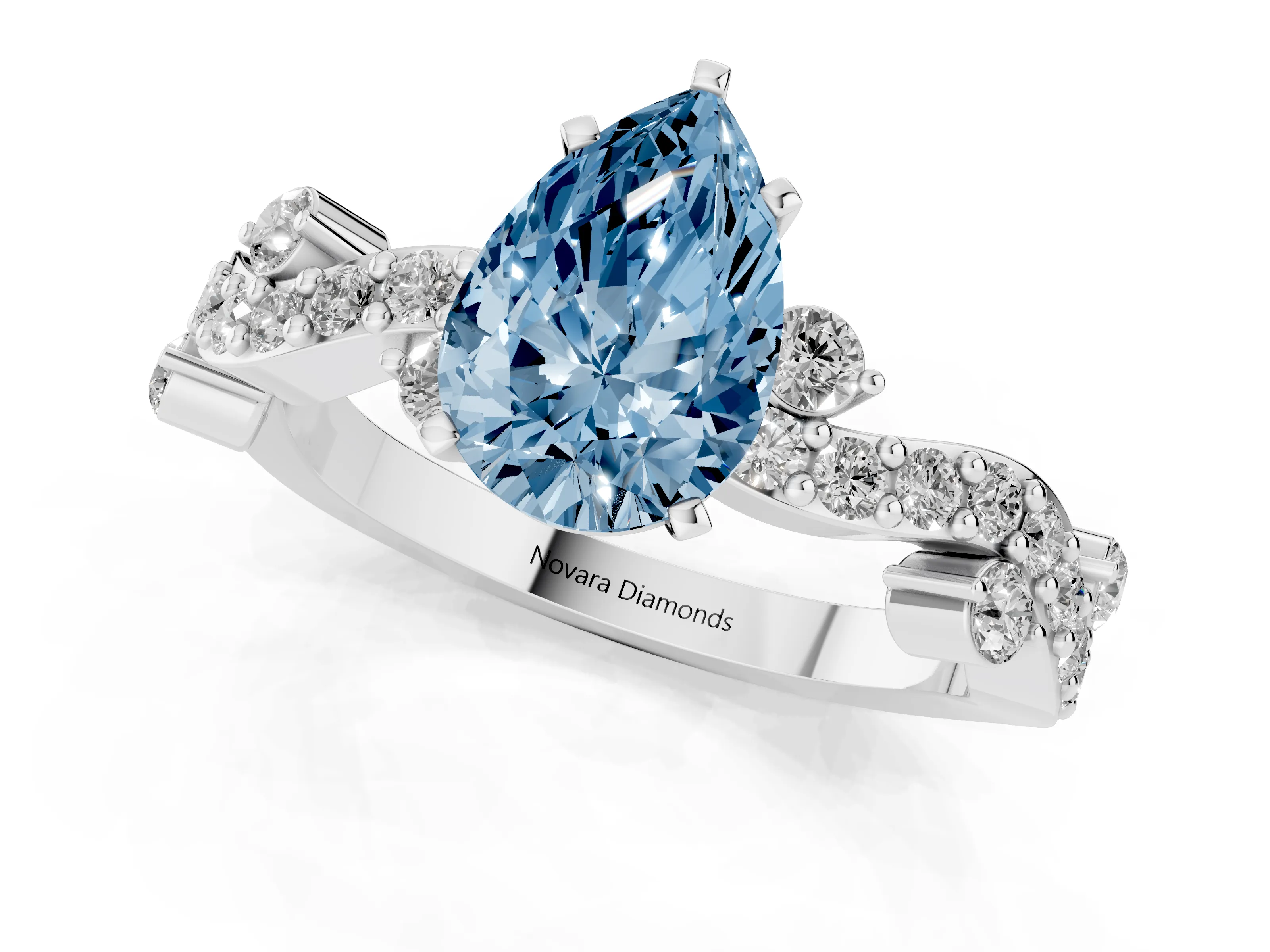 Fancy Blue Pear Cut Diamond Solitaire Twisted Band Set in Silver with Pavé Setting