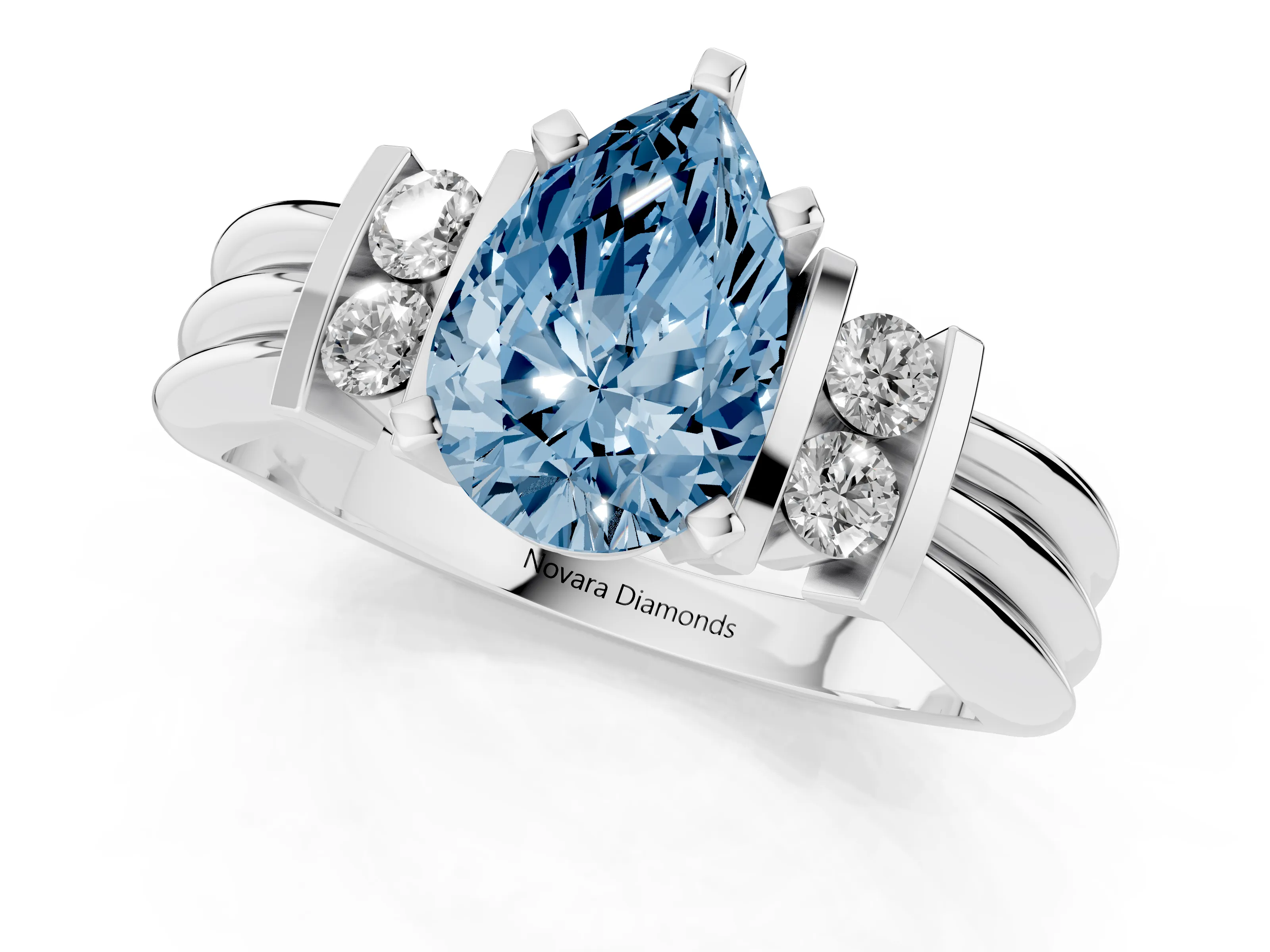Fancy Blue Three-Stone Pear Cut Diamond Channel Set Ring Set in Silver with Bar Prongs