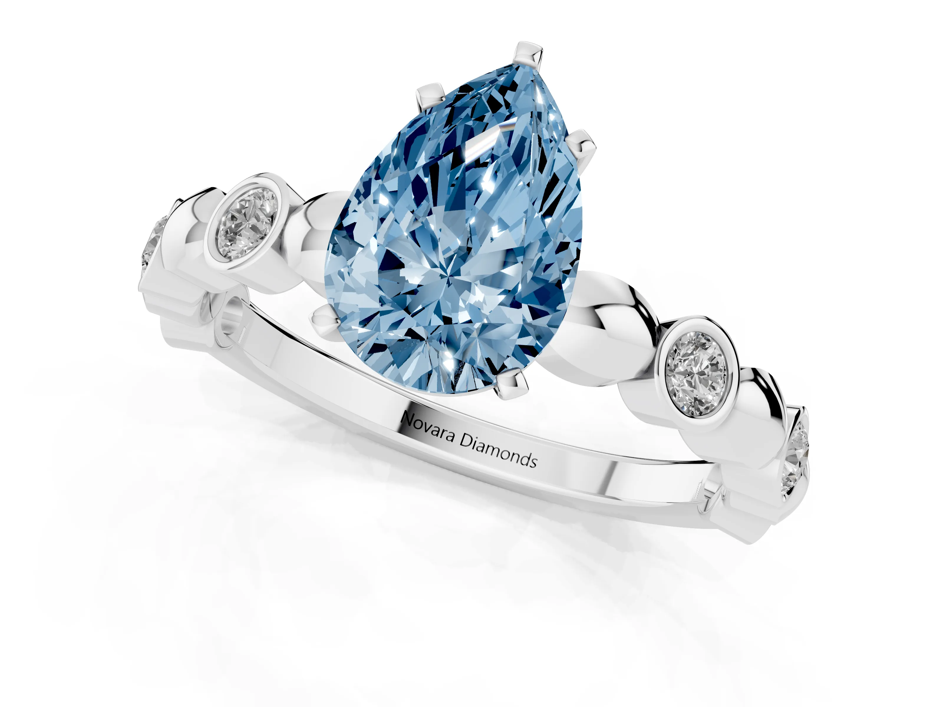 Fancy Blue Pear Cut Diamond Solitaire Ring Set in Silver with Bezel-Set Accents on Beaded Band and Prong Setting