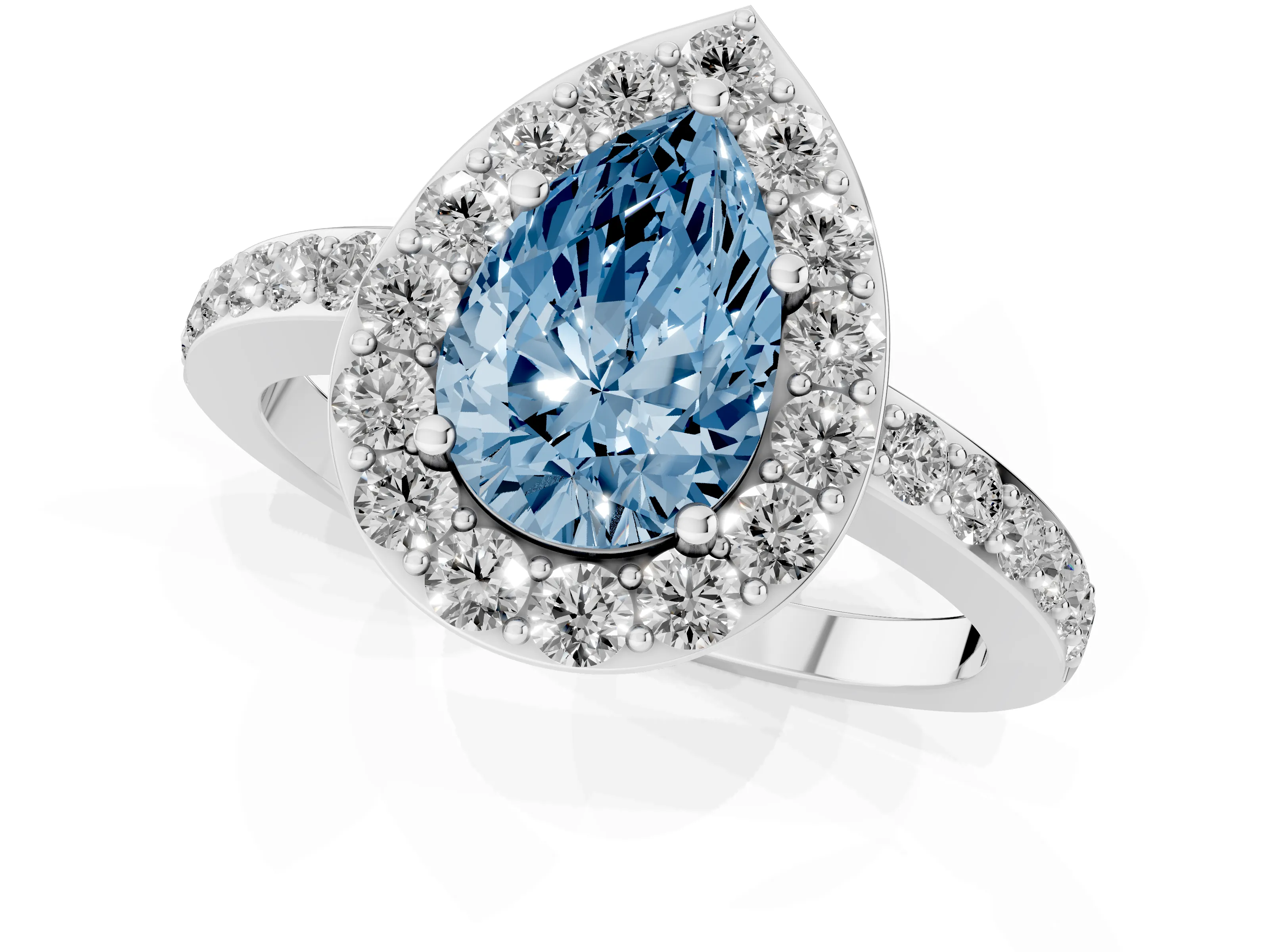 Fancy Blue Pear Cut Diamond Halo Ring Set in White gold with Pavé-Setting Band and Open Prong Center