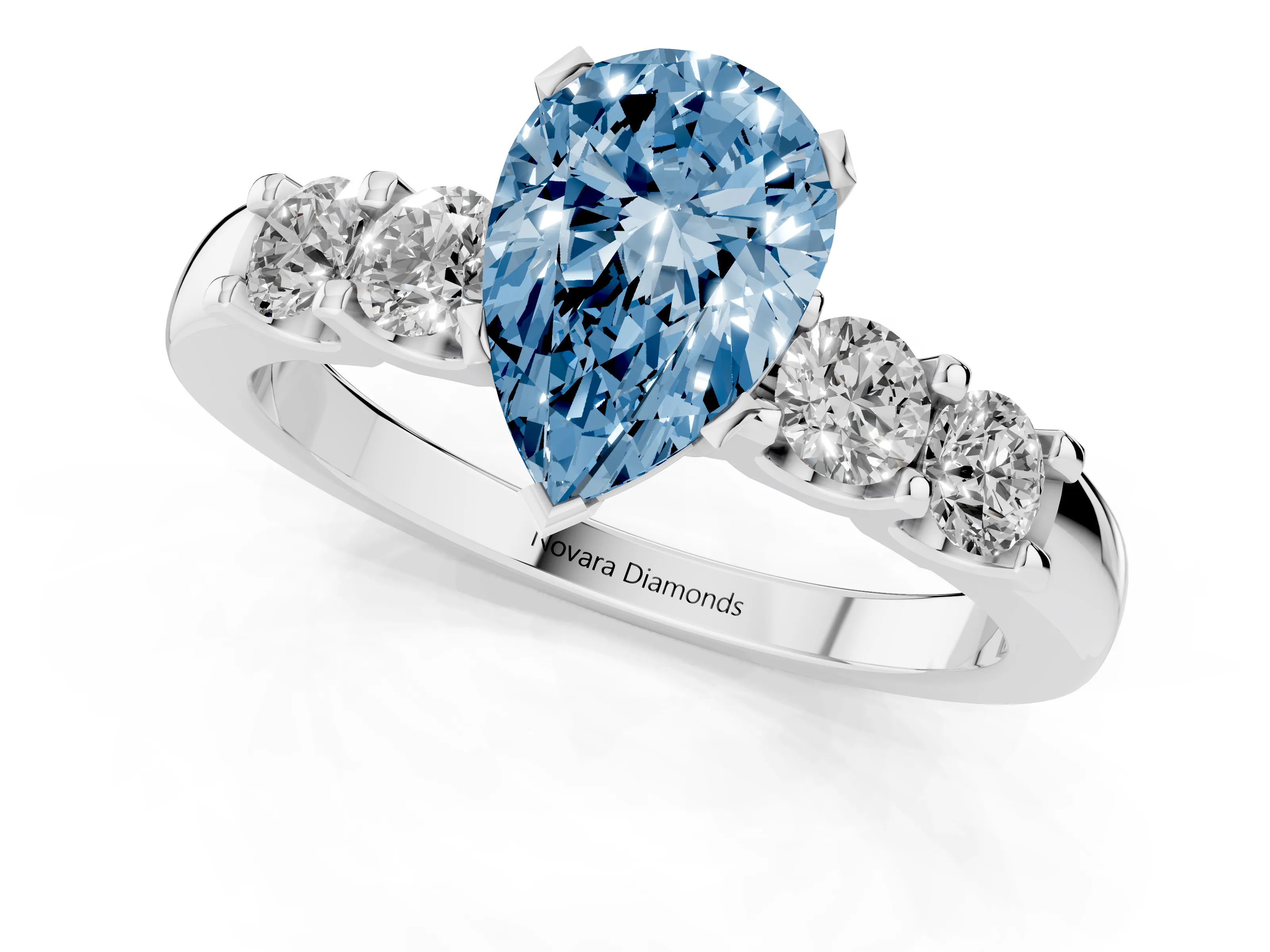 Fancy Blue Pear Cut Diamond Five-Stone Prong Set Engagement Ring Set in White gold with Channel Band