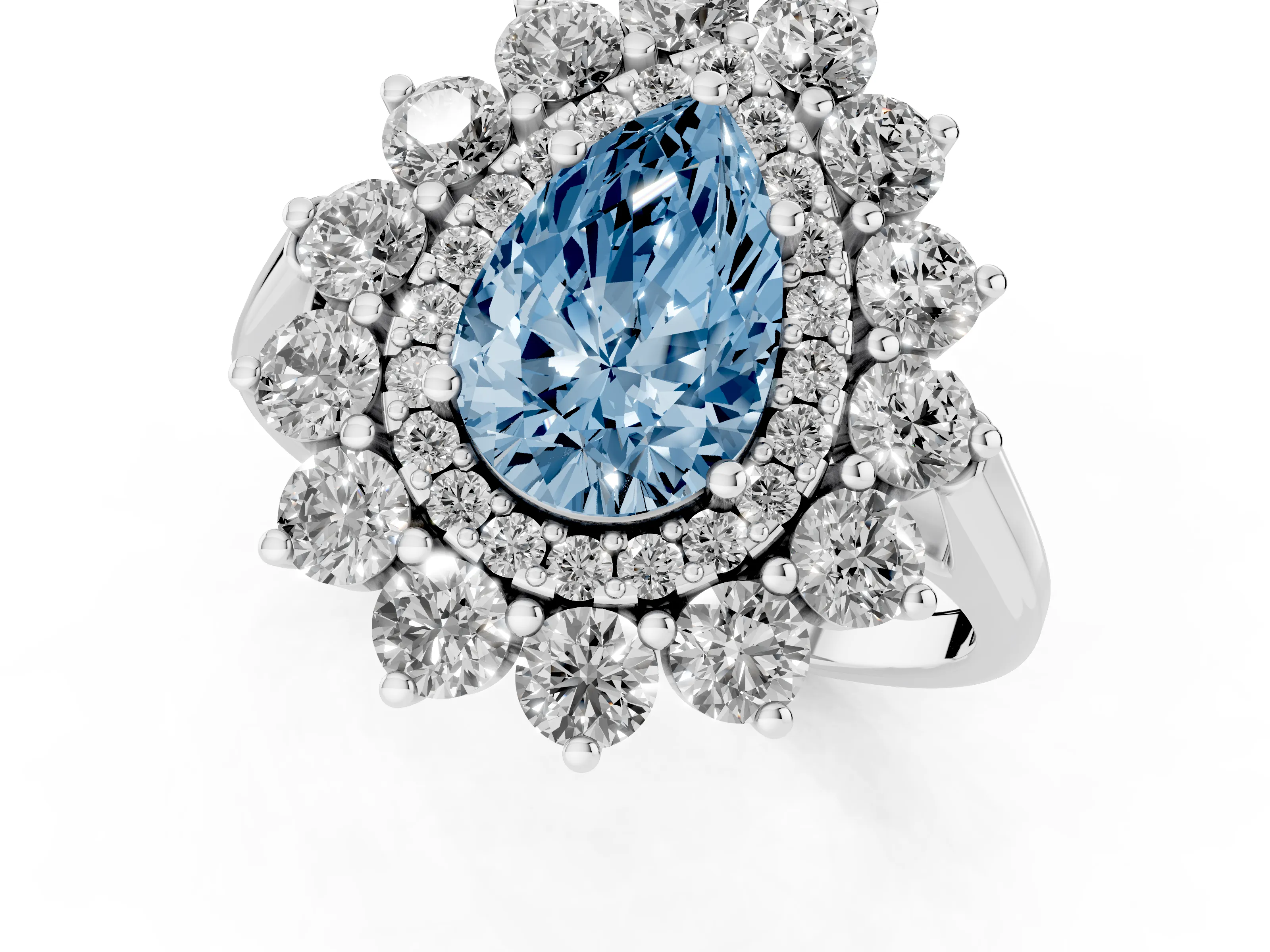 Fancy Blue Pear Cut Diamond Floral Double Halo Ring Set in White gold with Round Petals