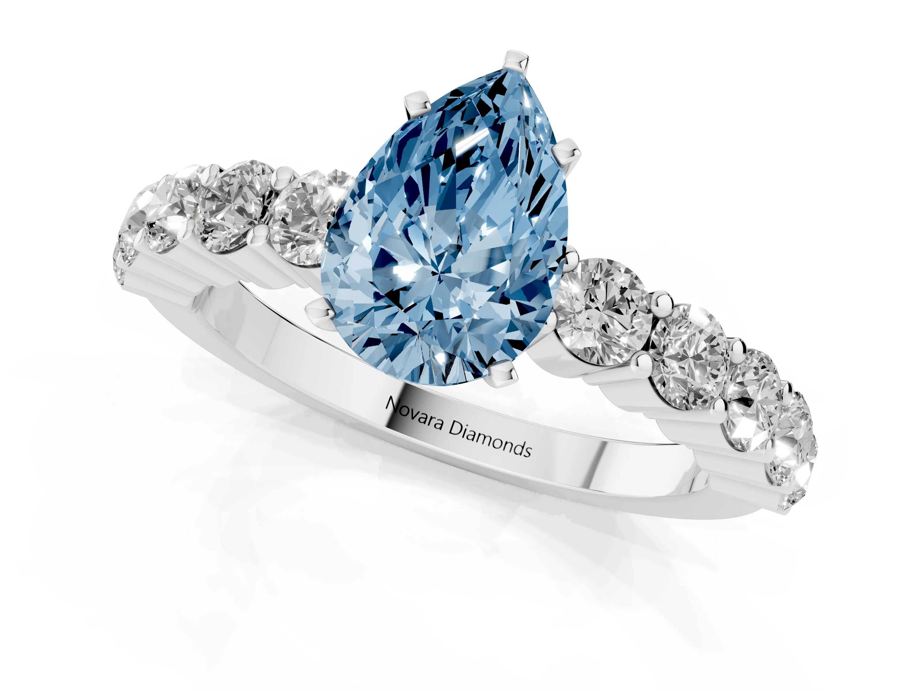 Fancy Blue Pear Cut Diamond Solitaire Ring Set in Platinum with Shared Prong Round Side Stones