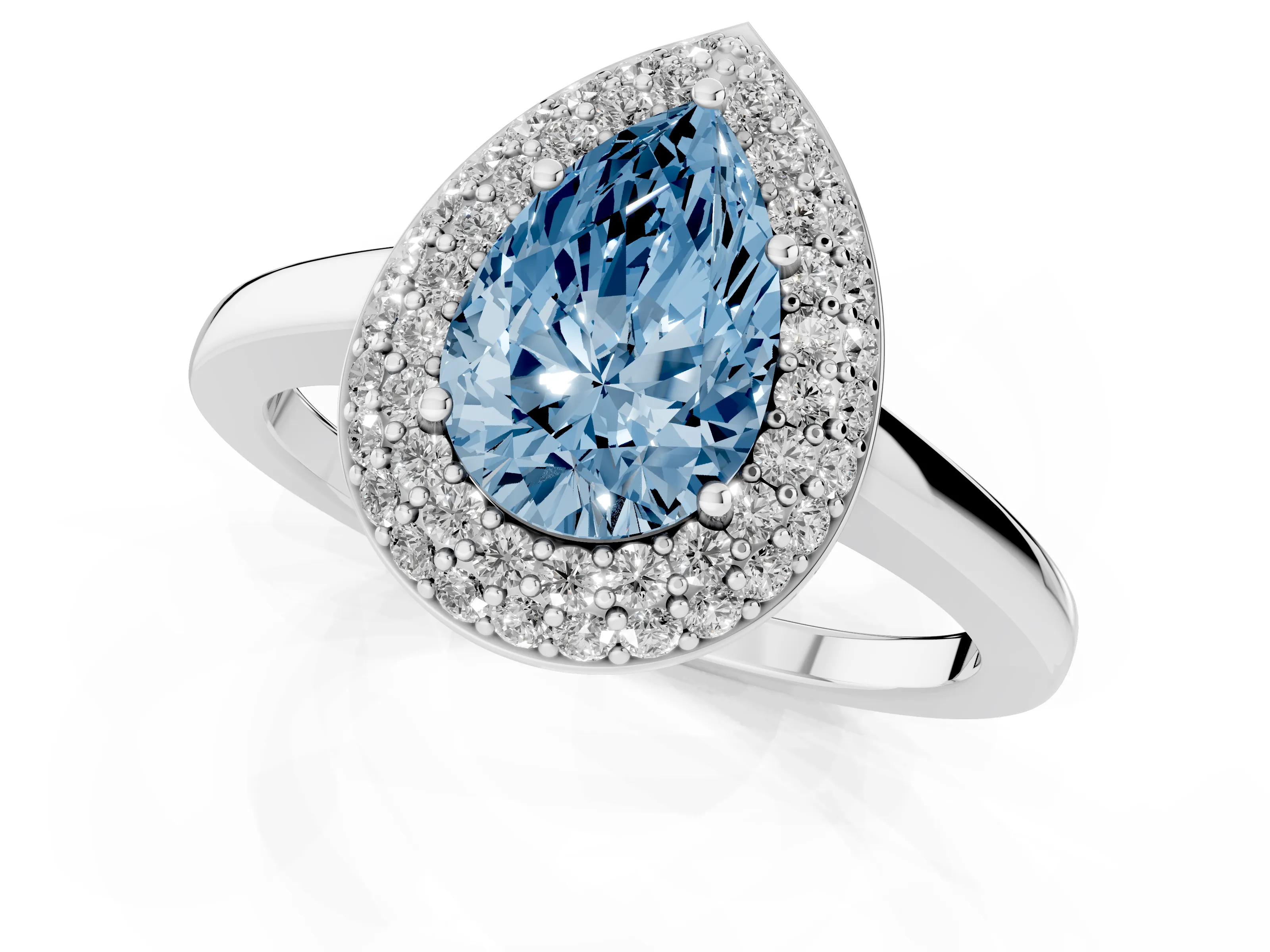 Fancy Blue Pear Cut Diamond Halo Engagement Ring Set in Platinum with Solitaire Band and Prong Setting