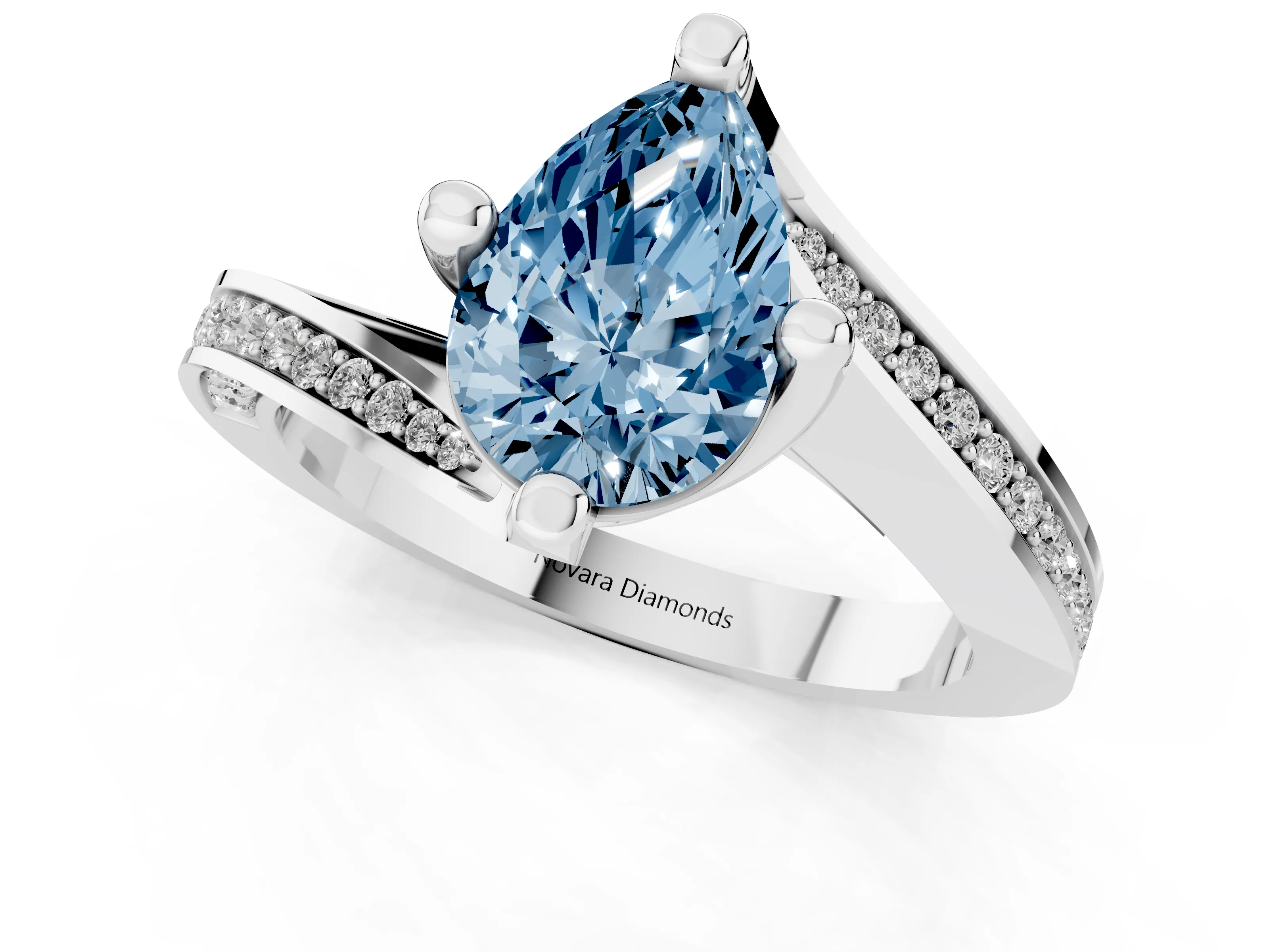 Fancy Blue Pear Cut Diamond Solitaire Ring Set in White gold with Intertwined Pavé Twist Band