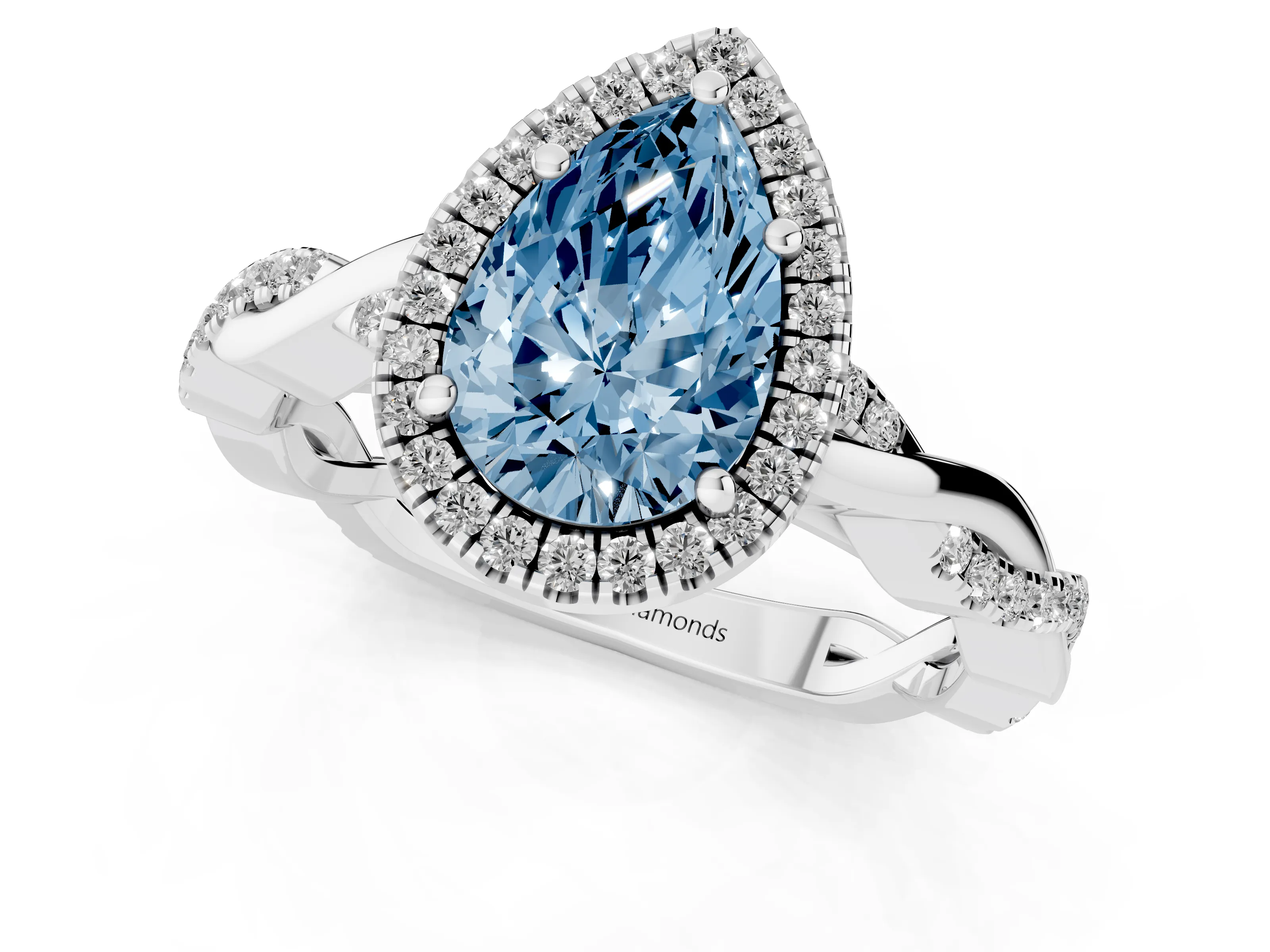 Fancy Blue Pear Cut Diamond Halo Twisted Band Ring Set in Platinum with Prong Setting