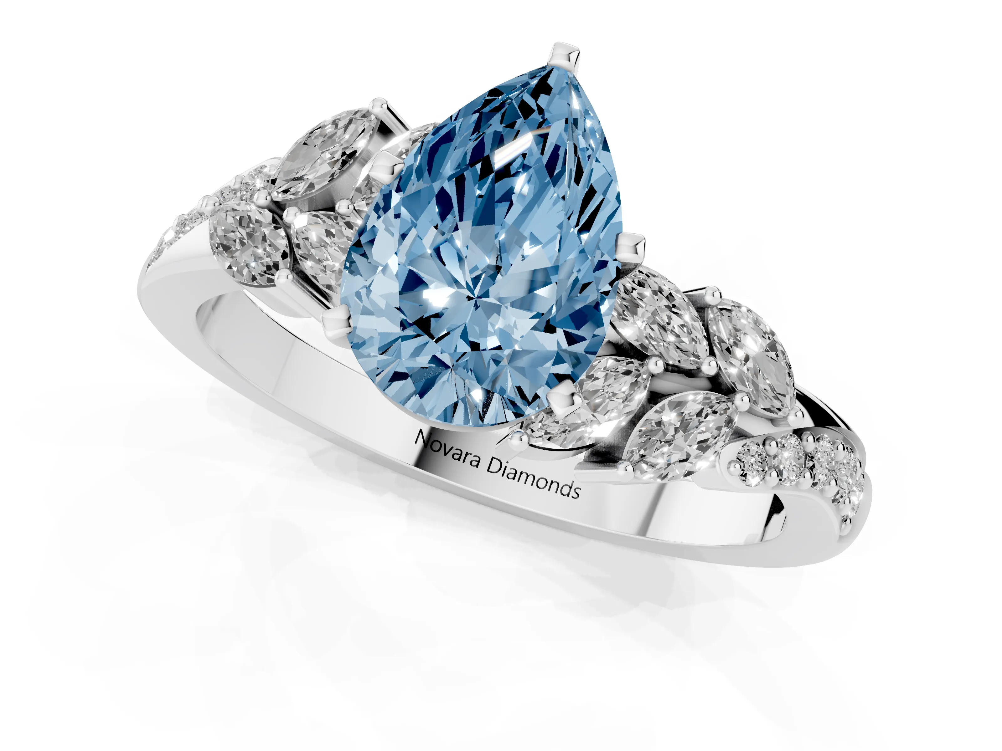 Fancy Blue Pear Cut Diamond Solitaire Ring Set in White gold with Marquise Twist Band and Prong Setting