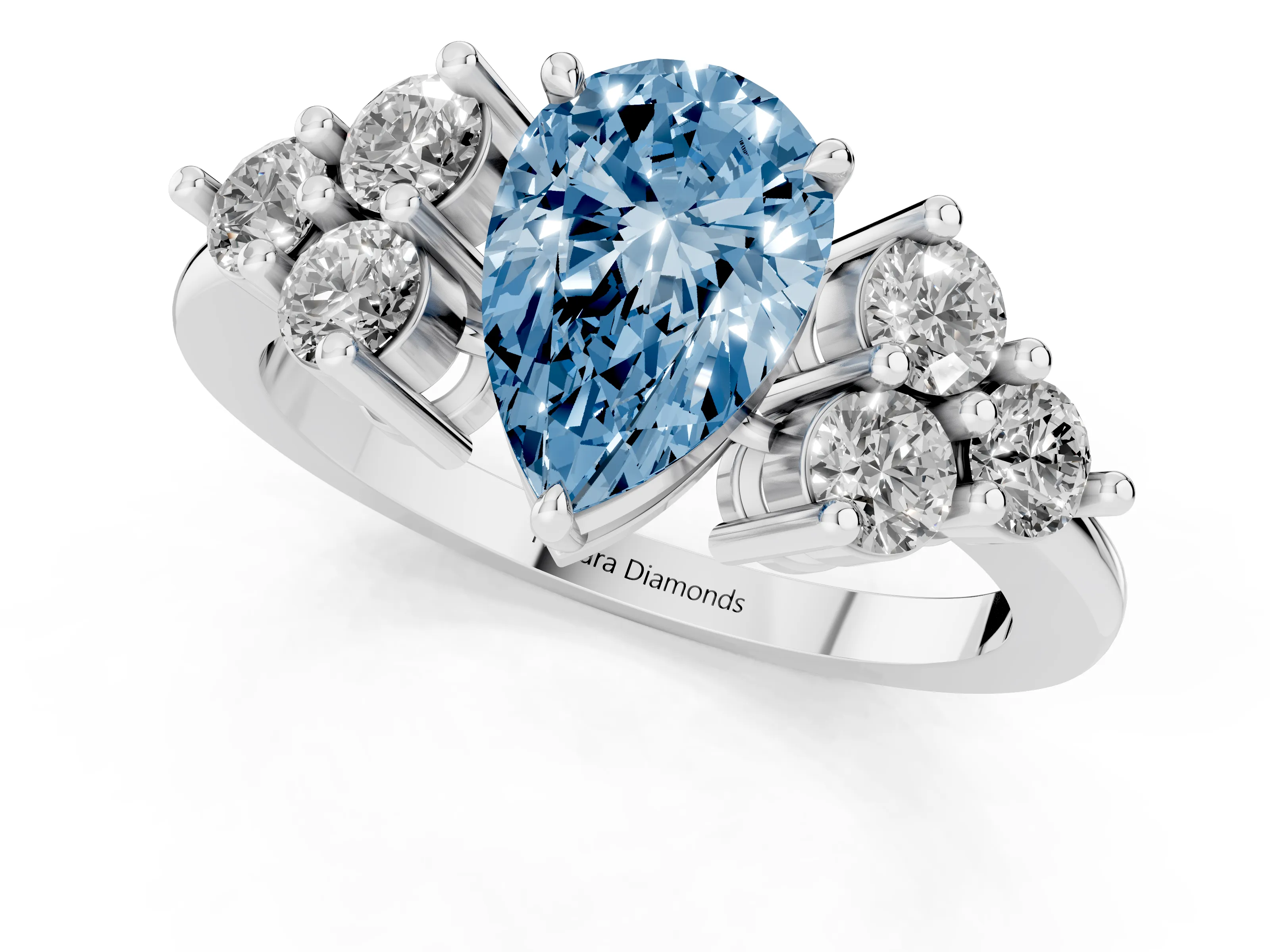 Fancy Blue Pear Cut Diamond Solitaire Ring Set in Silver with Cluster Accents on Each Side