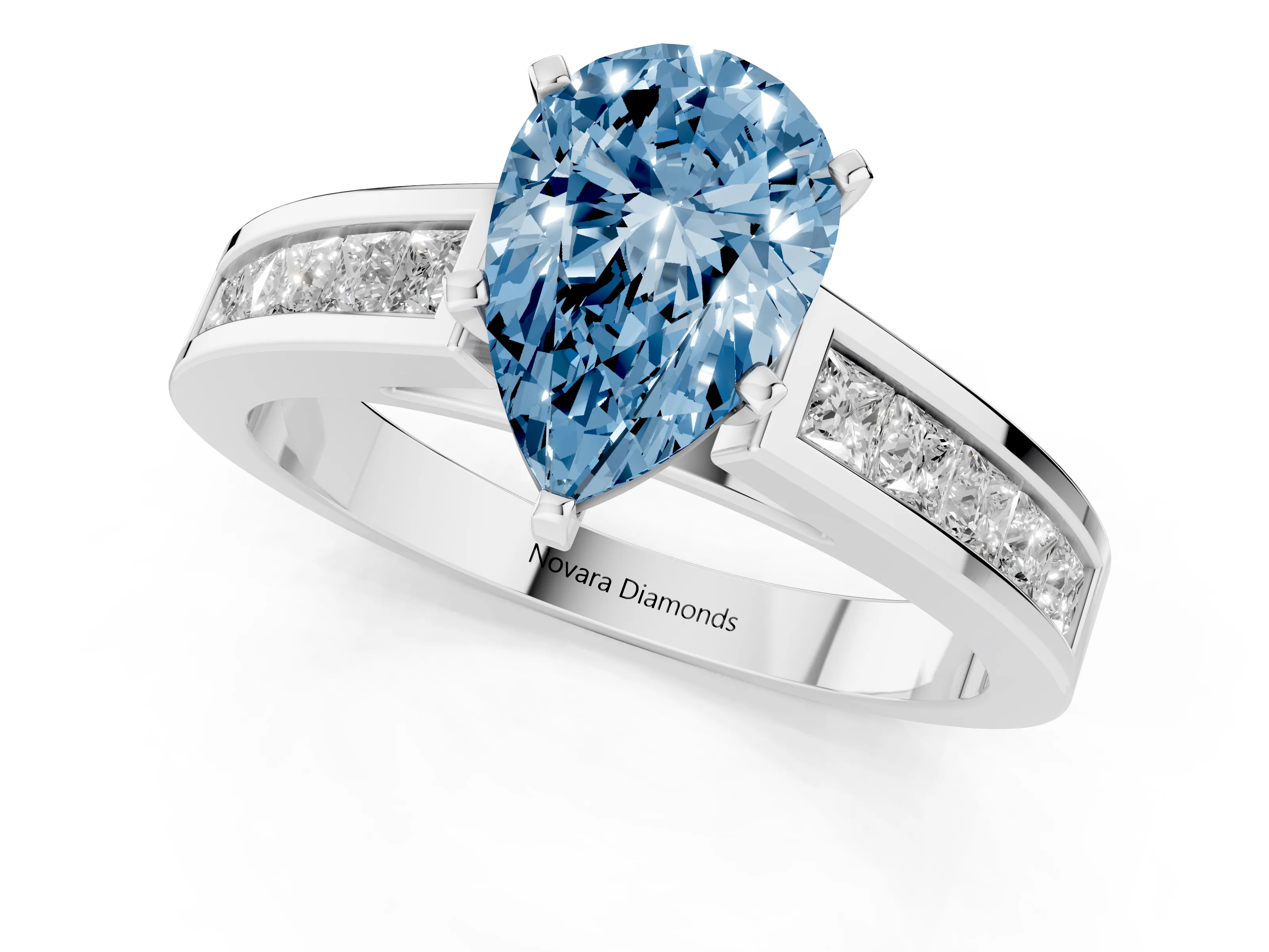 Fancy Blue Pear Cut Diamond Solitaire Ring Set in Silver with Channel-Set Band and Prong Setting