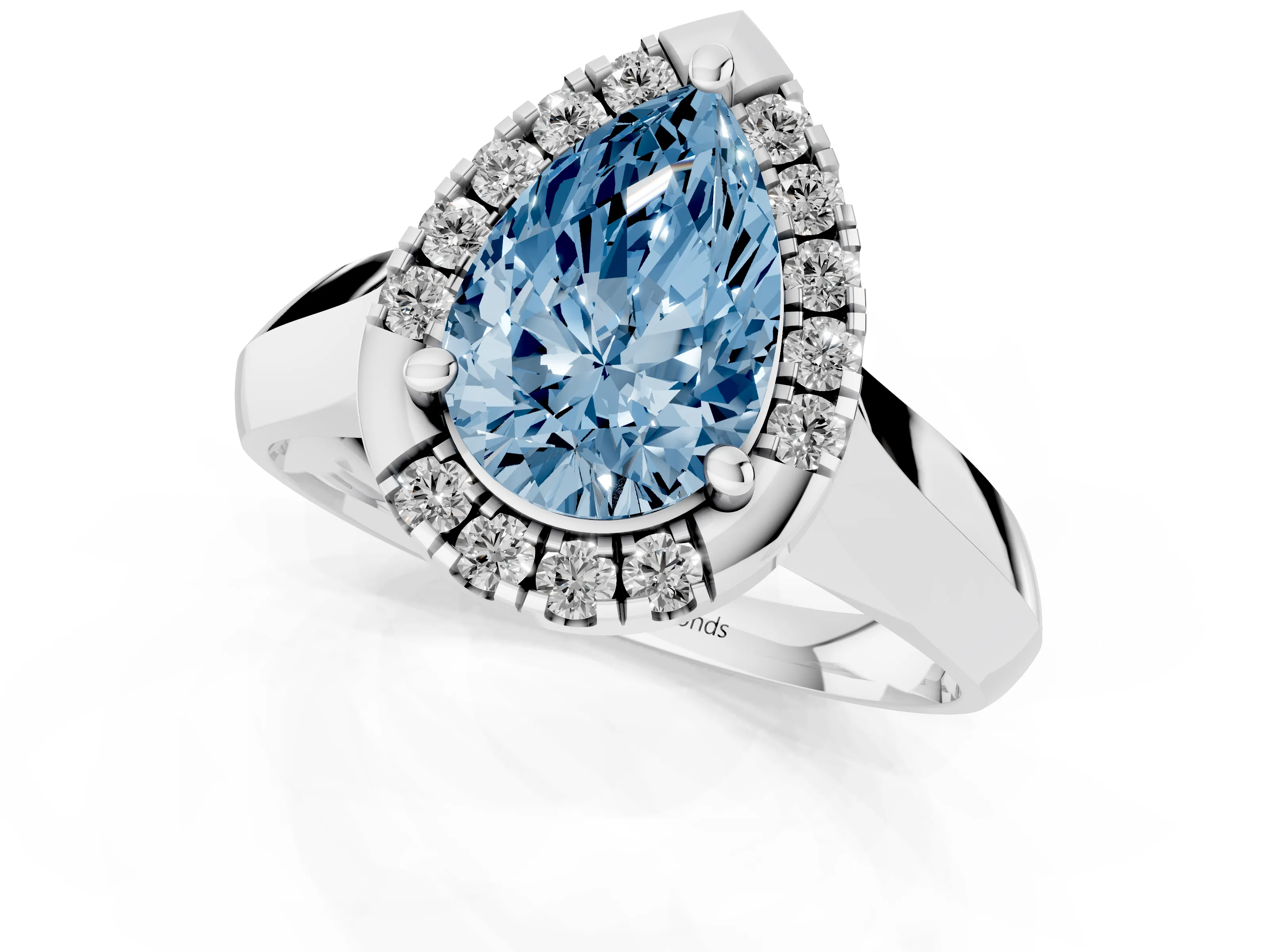 Fancy Blue Pear Cut Diamond Halo Solitaire Engagement Ring Set in Silver with Square Band and Prong Setting
