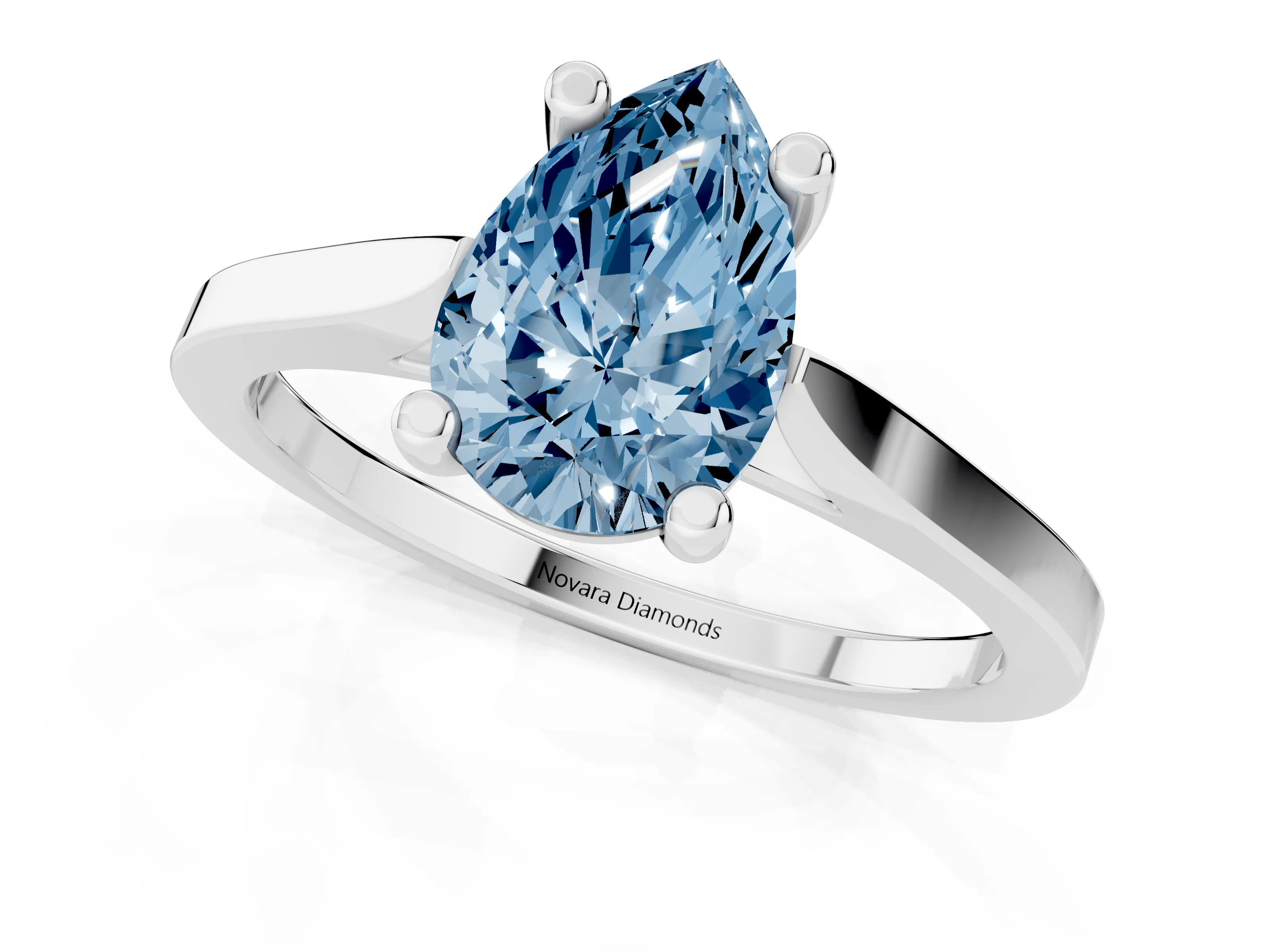 Fancy Blue Pear Cut Diamond Solitaire Ring Set in White gold with Prong Setting and Tapered Band