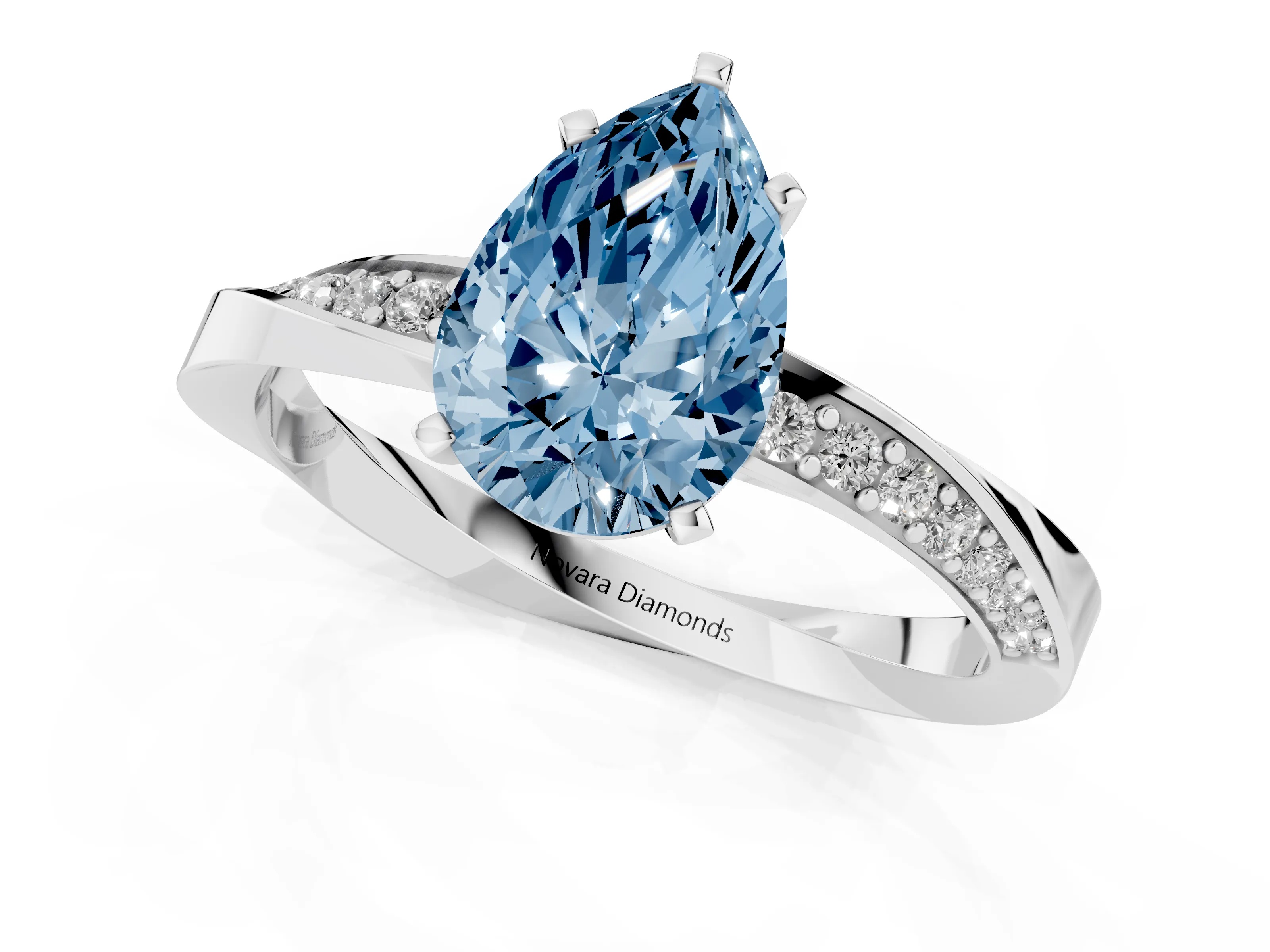 Fancy Blue Pear Cut Diamond Engagement Ring Set in Platinum with Side Stone Accents and Prong Setting