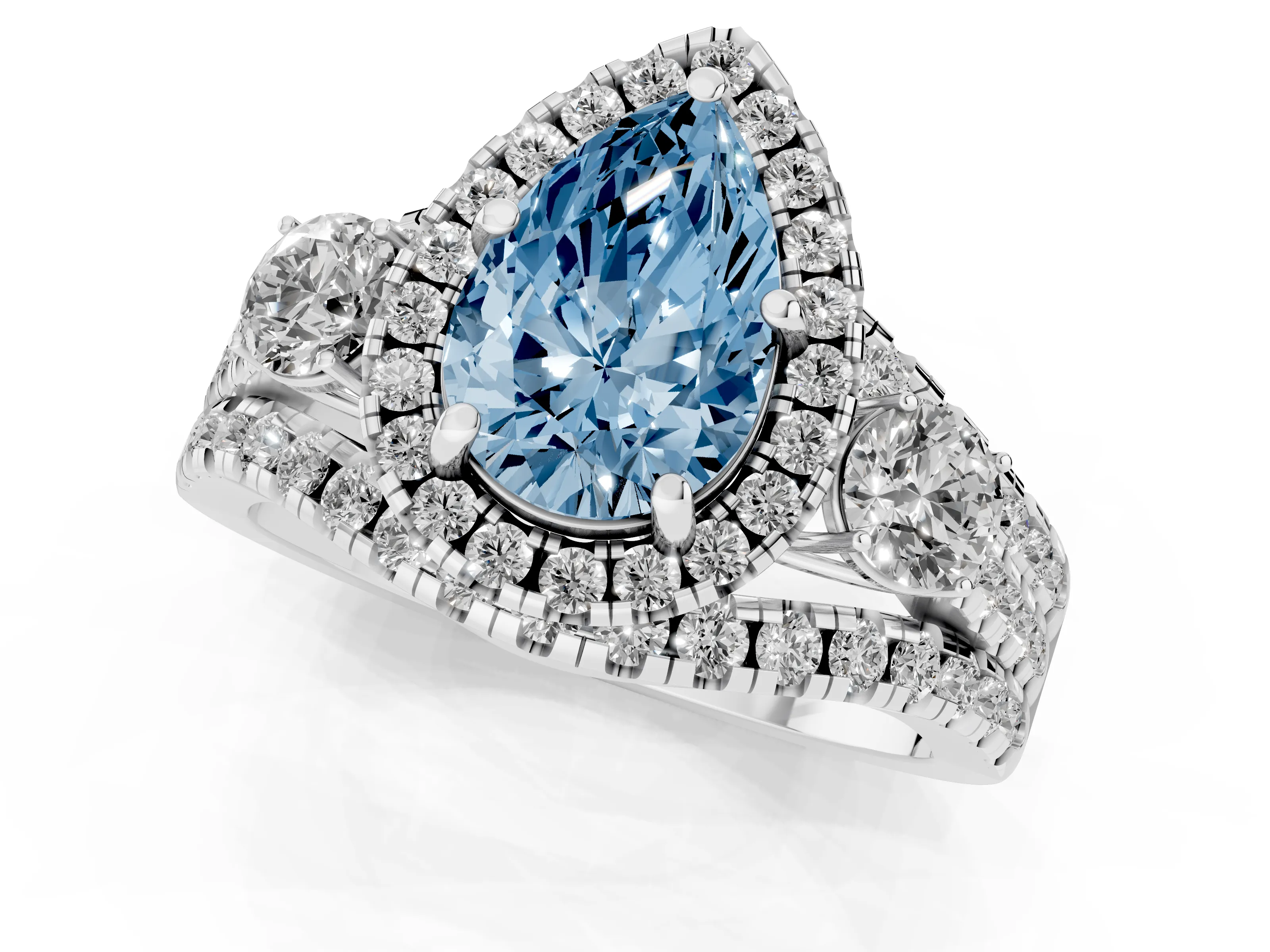Fancy Blue Pear Cut Diamond Halo Split Shank Ring Set in Platinum with Round Accent Stones and Prong Setting