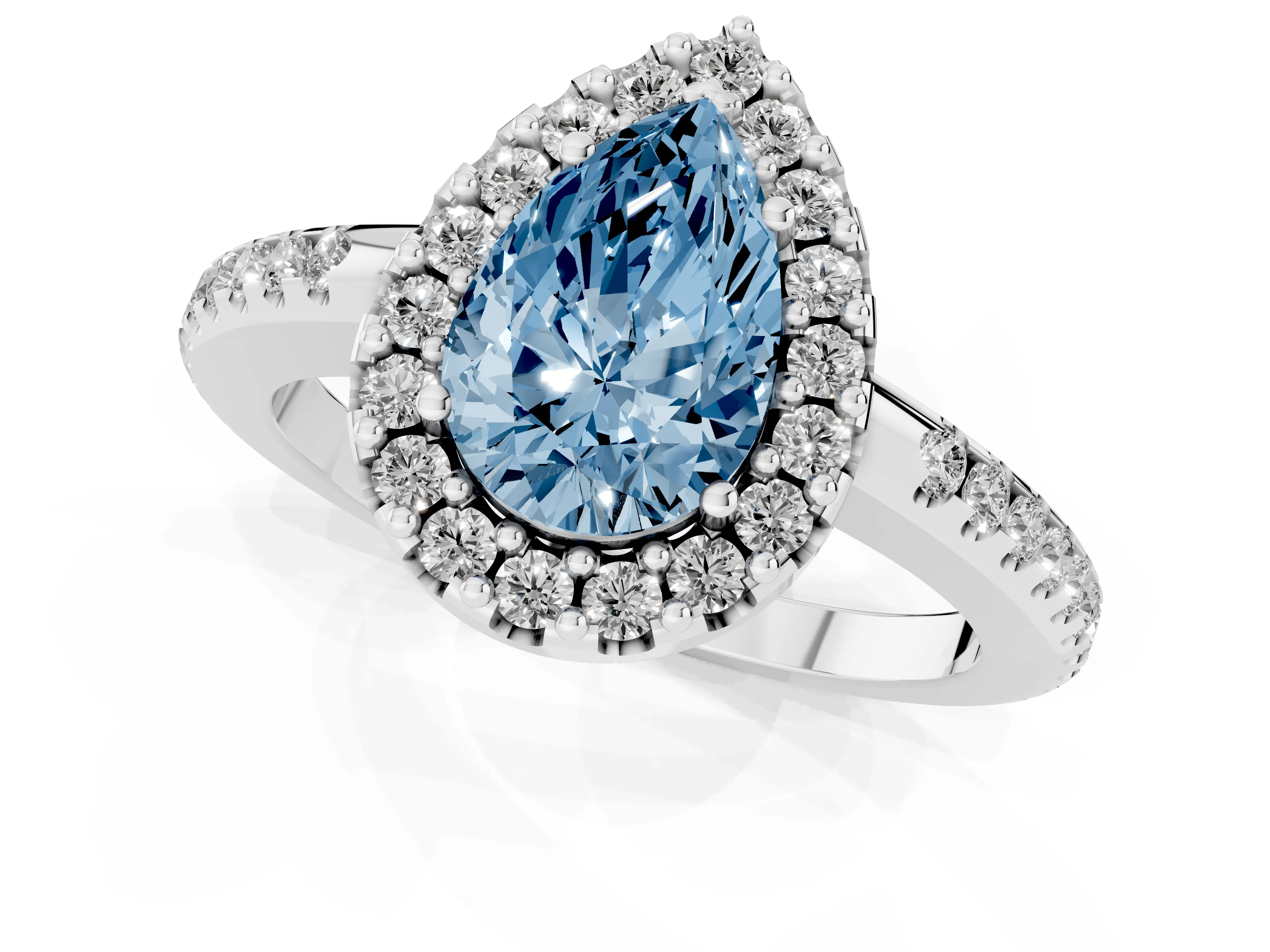 Fancy Blue Pear Cut Diamond Pavé Halo Ring Set in Platinum with Prong Setting