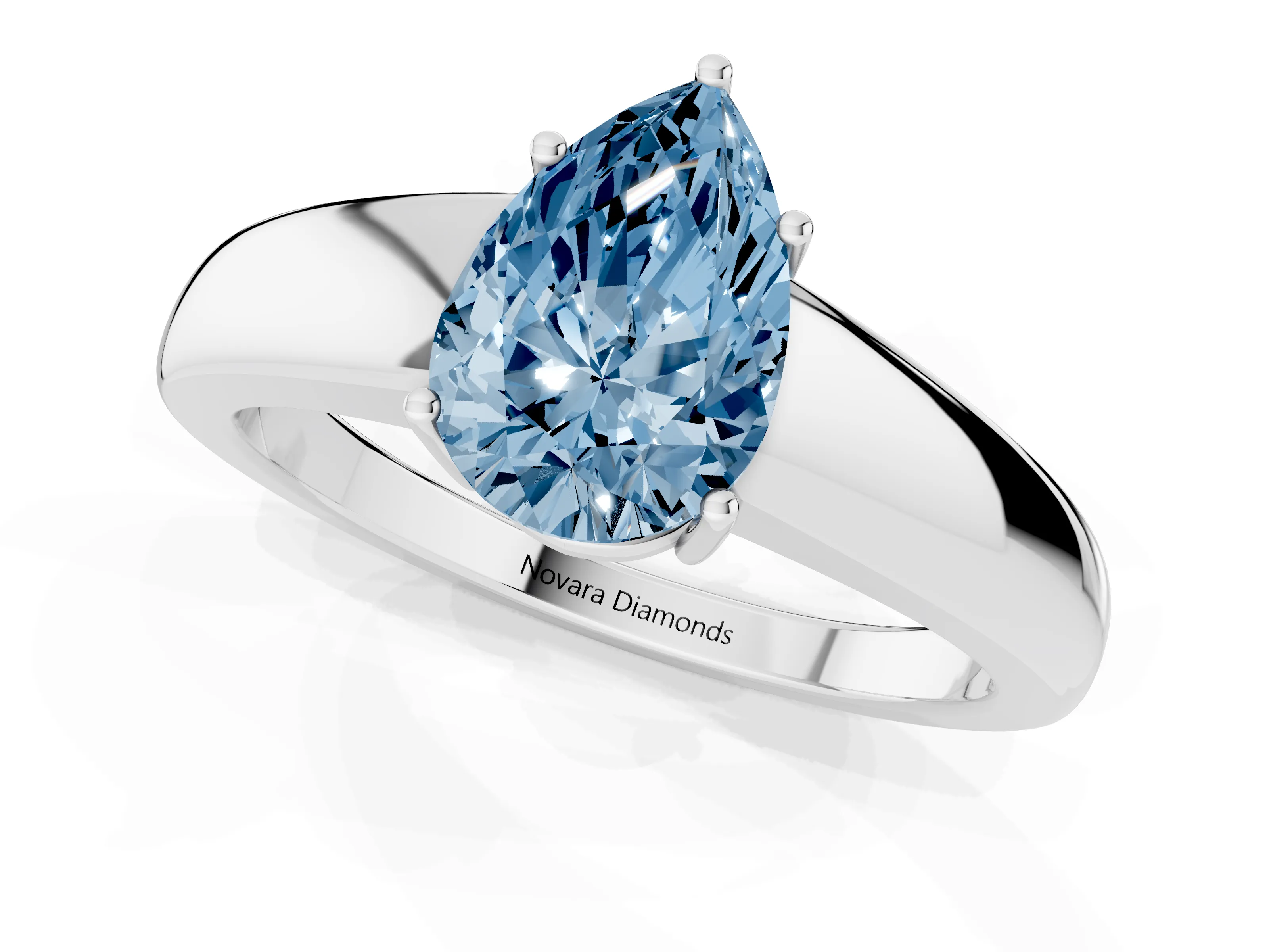 Fancy Blue Pear Cut Diamond Solitaire Ring Set in White gold with Tapered Band and Prong Setting
