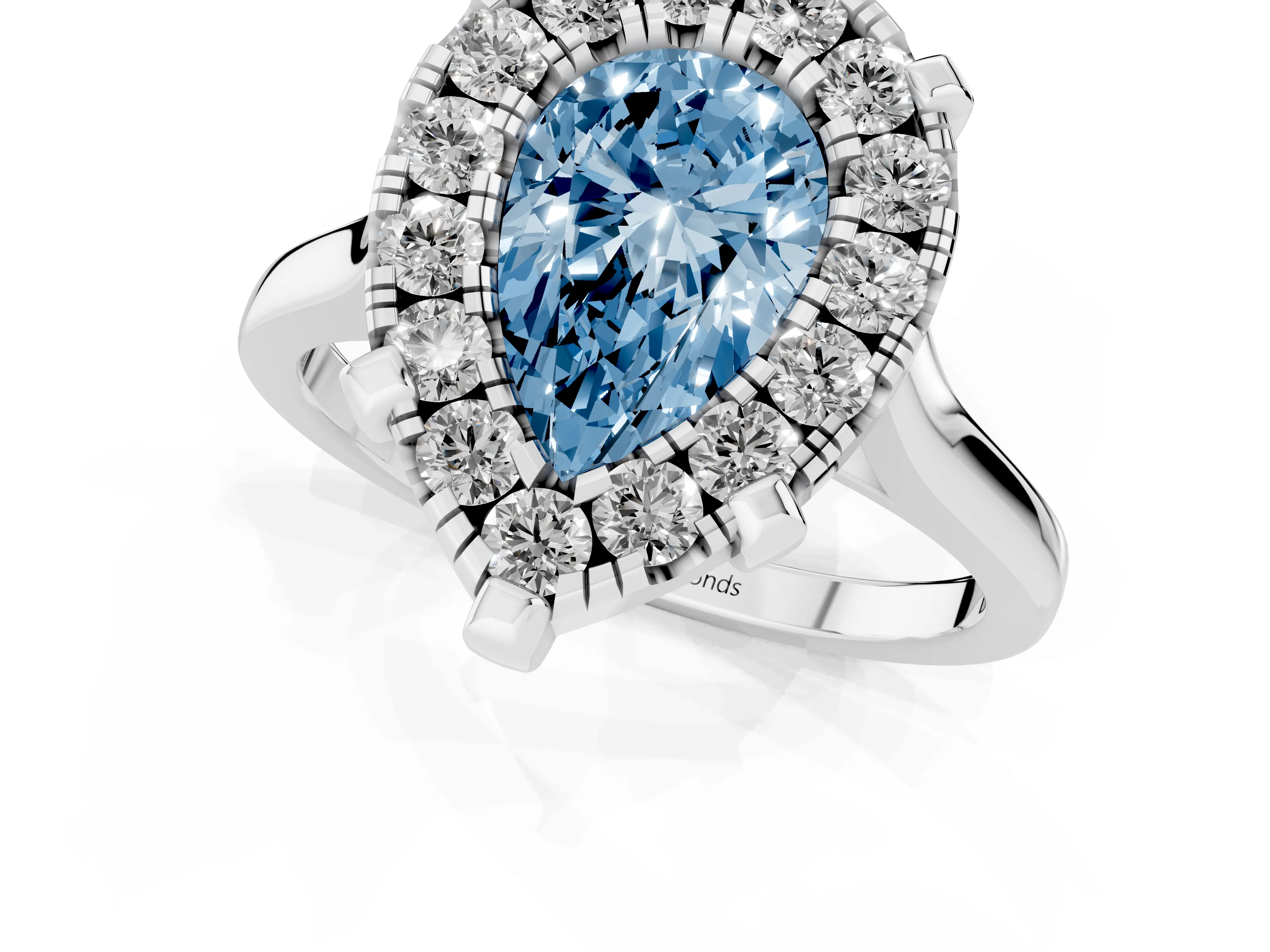 Fancy Blue Pear Cut Diamond Cluster Halo Solitaire Ring Set in Silver with Prong Setting