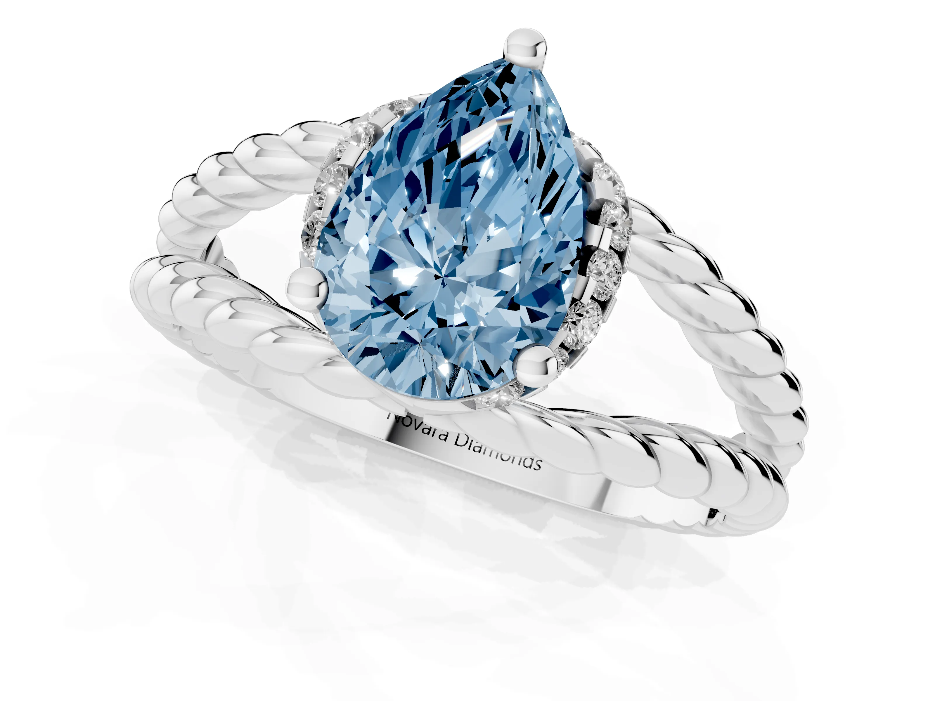 Fancy Blue Pear Cut Diamond Halo Ring Set in White gold with Twisted Band and Prong Setting