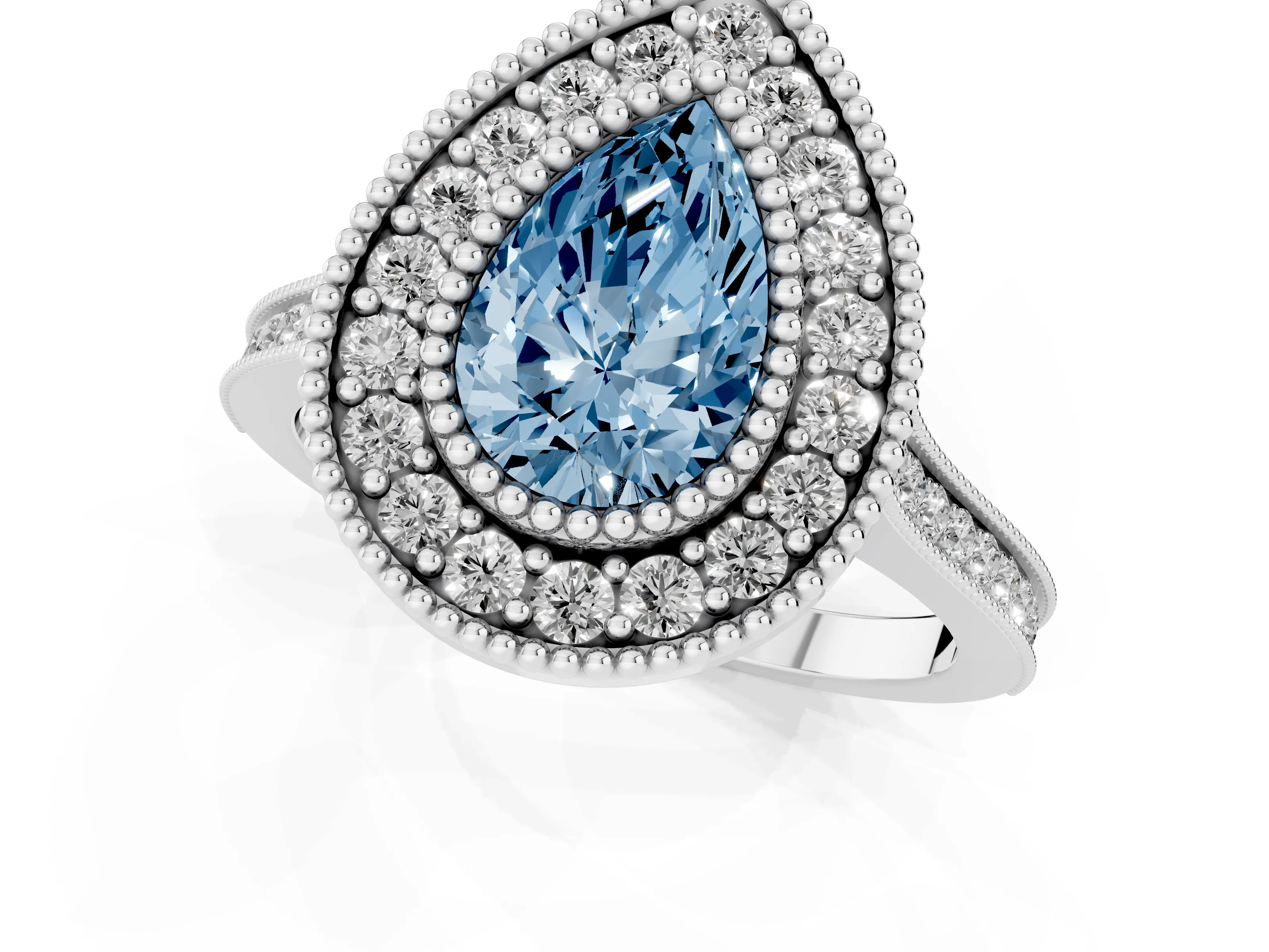 Fancy Blue Pear Cut Diamond Halo Ring Set in White gold with Milgrain Frame and Pavé Band
