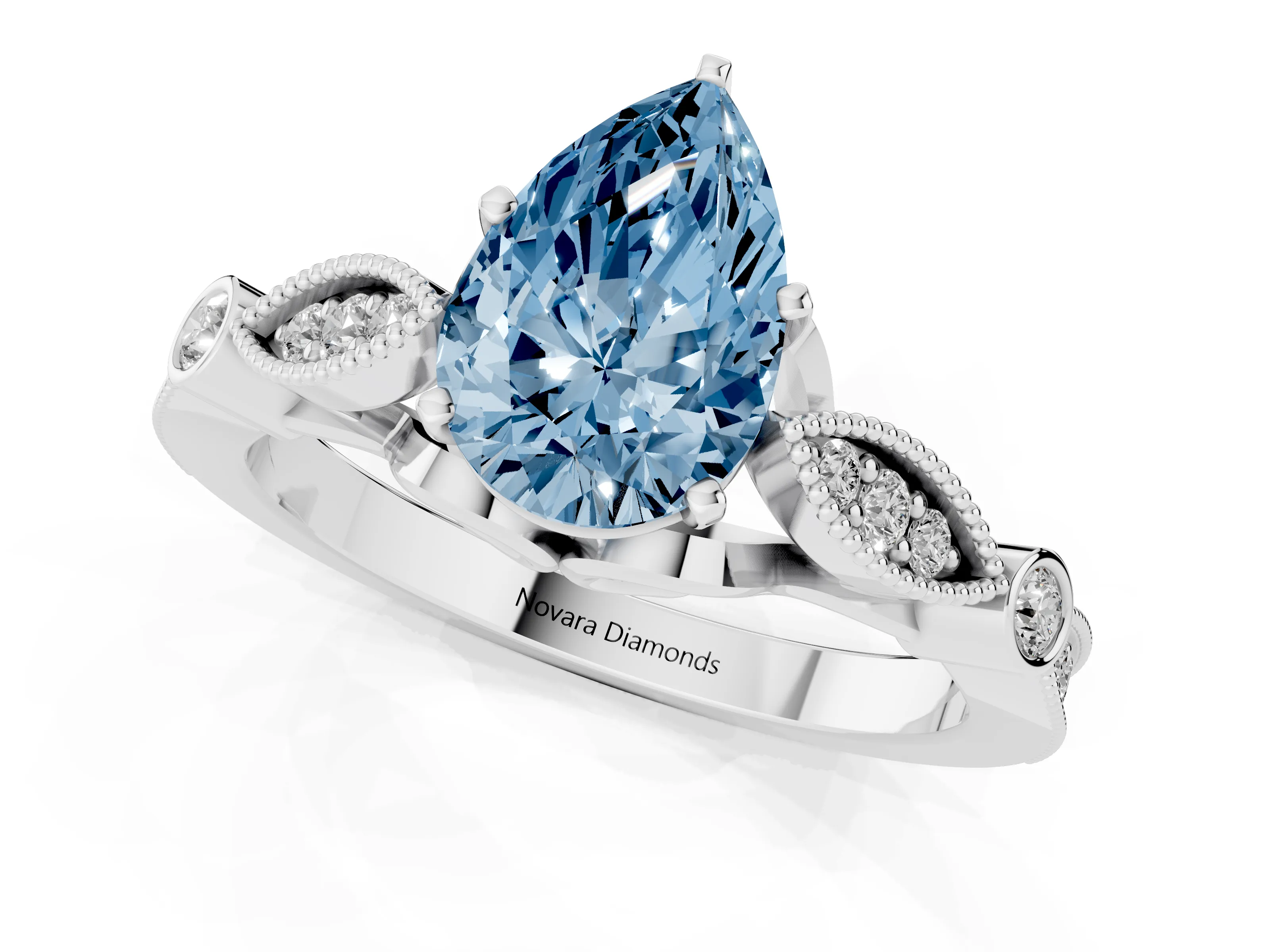 Fancy Blue Pear Cut Diamond Solitaire Ring Set in White gold with Milgrain Marquise and Bezel Accents
