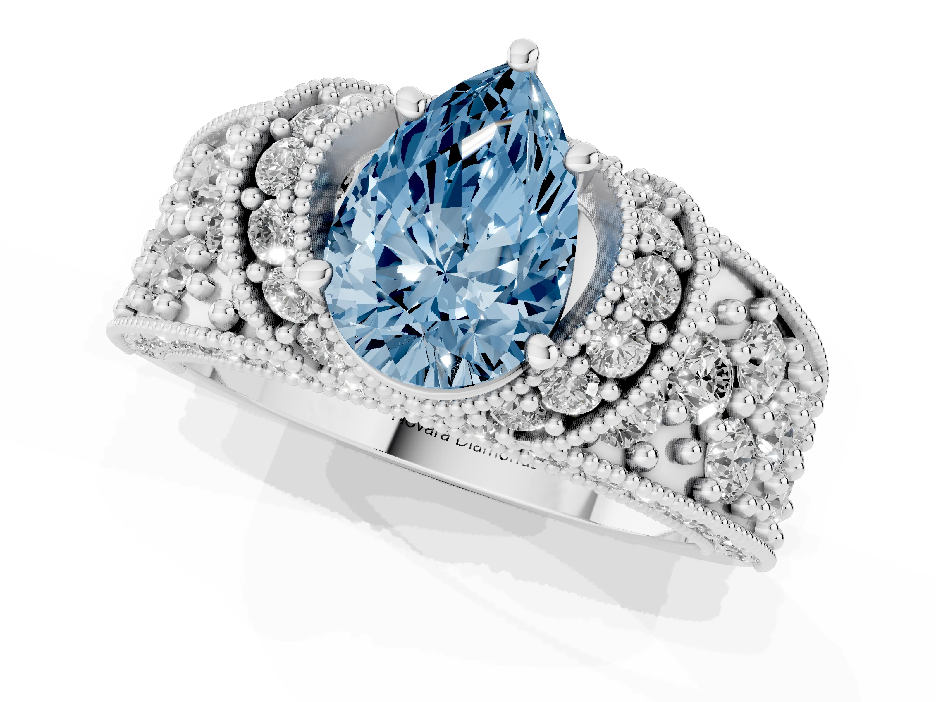 Fancy Blue Pear Cut Diamond Milgrain Halo Pavé Engagement Ring Set in White gold with Prong Setting