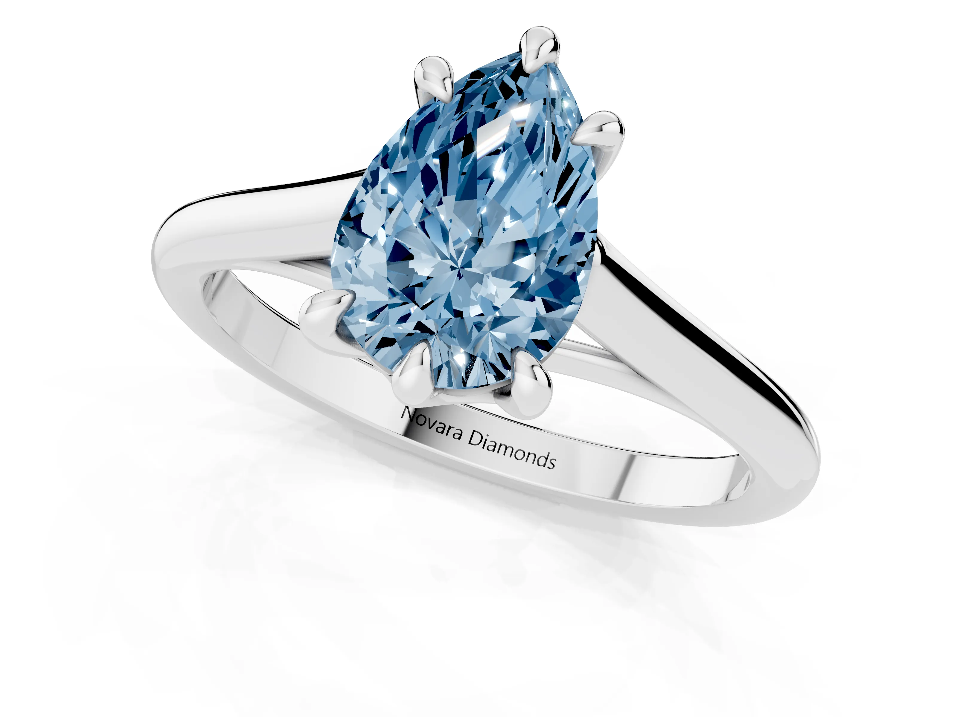 Fancy Blue Pear Cut Diamond Solitaire Engagement Ring Set in Silver with Prong Setting and Plain Classic Band