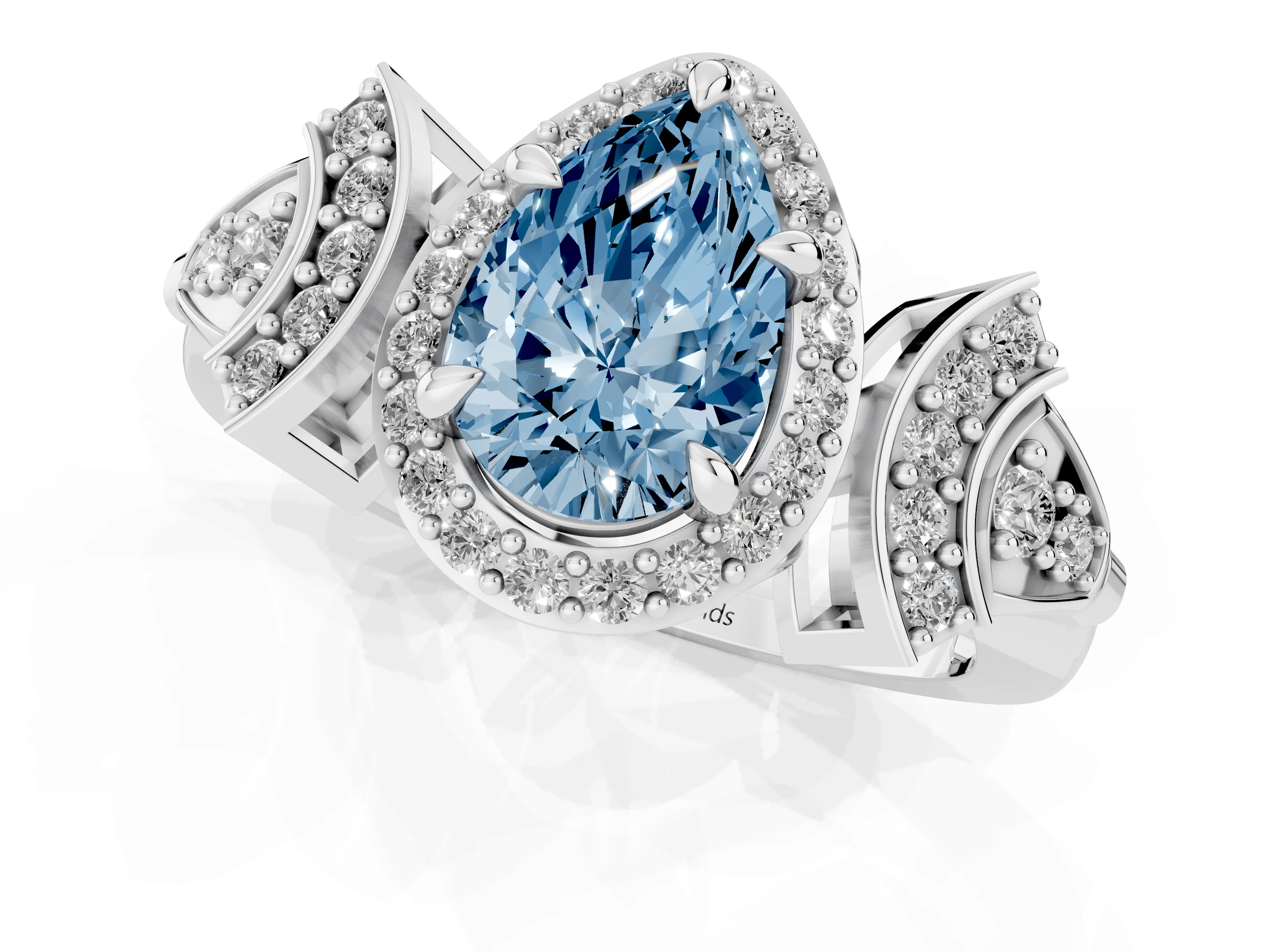 Fancy Blue Pear Cut Diamond Halo Engagement Ring Set in Platinum with Accent Stone Split Shank