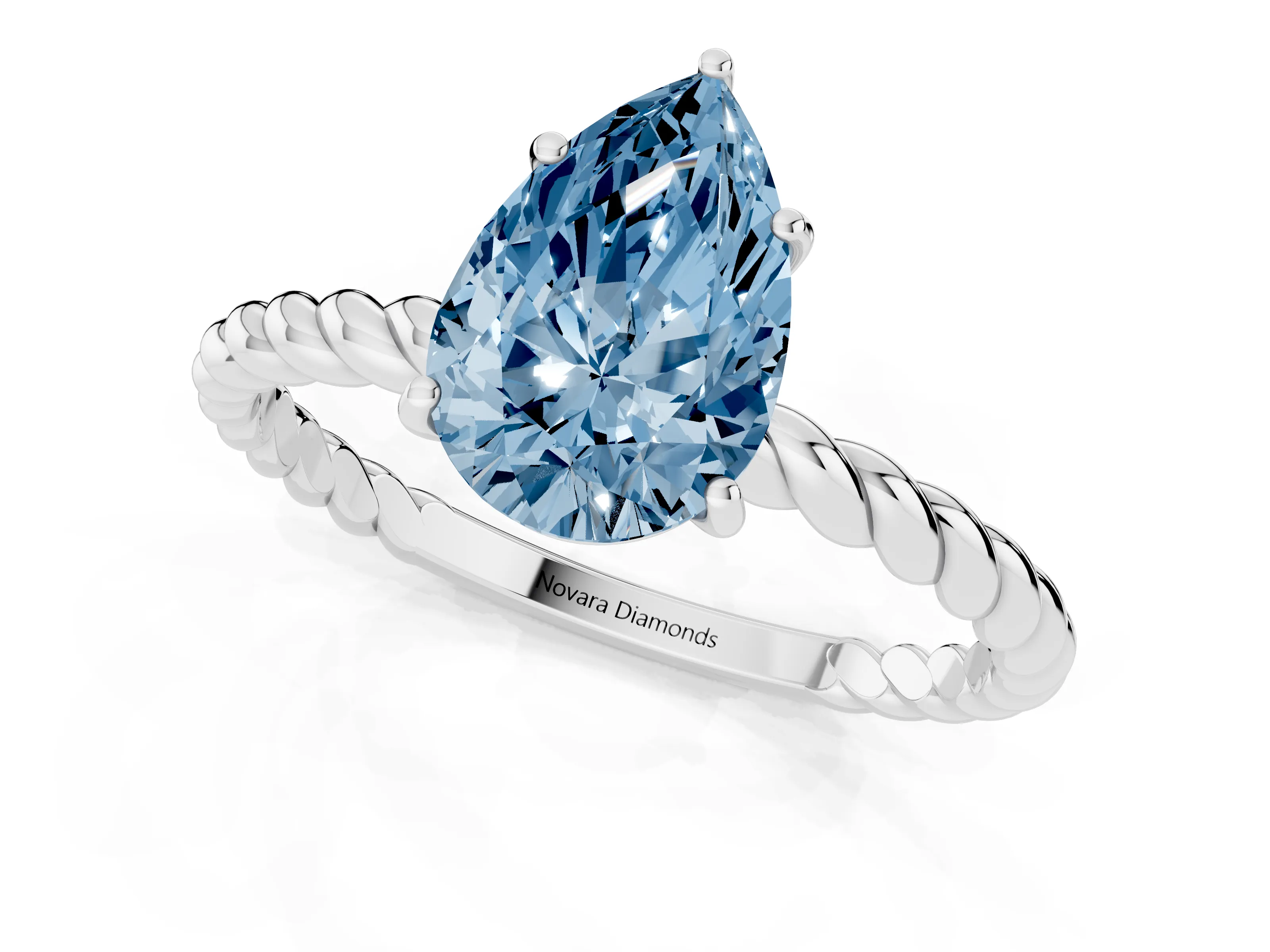 Fancy Blue Pear Cut Diamond Solitaire Ring Set in White gold with Twist Band and Prong Setting