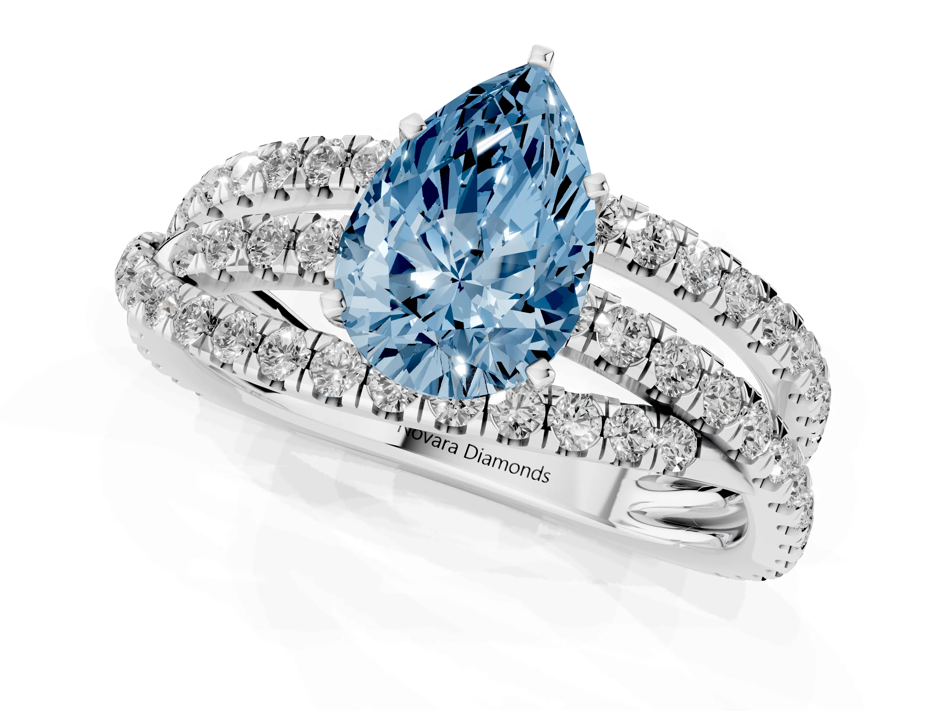 Fancy Blue Pear Cut Diamond Solitaire Twist Band Ring Set in Platinum with Pavé Setting and Prong Head
