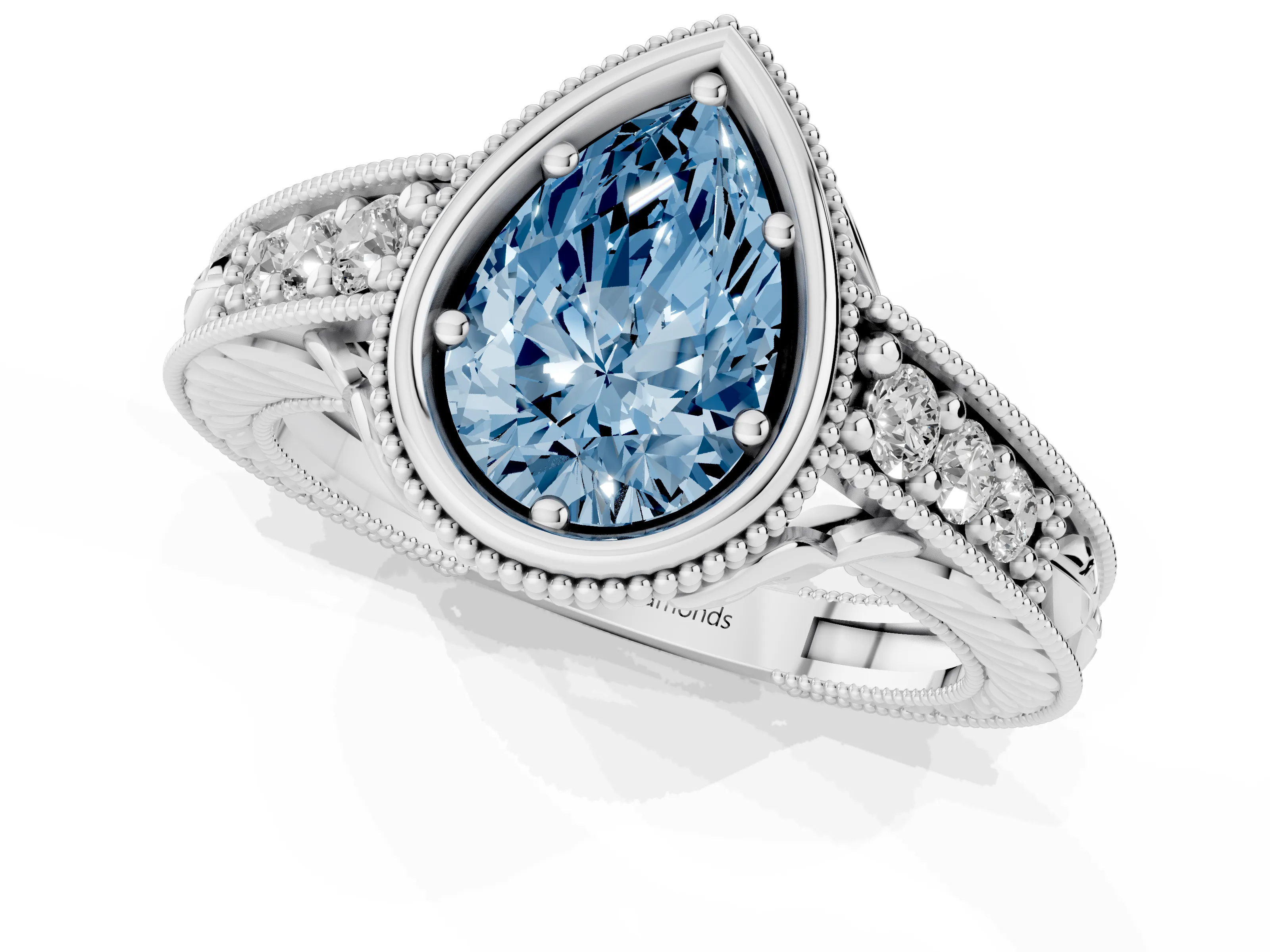 Fancy Blue Bezel Set Pear Cut Diamond Milgrain Pavé Engagement Ring Set in Silver