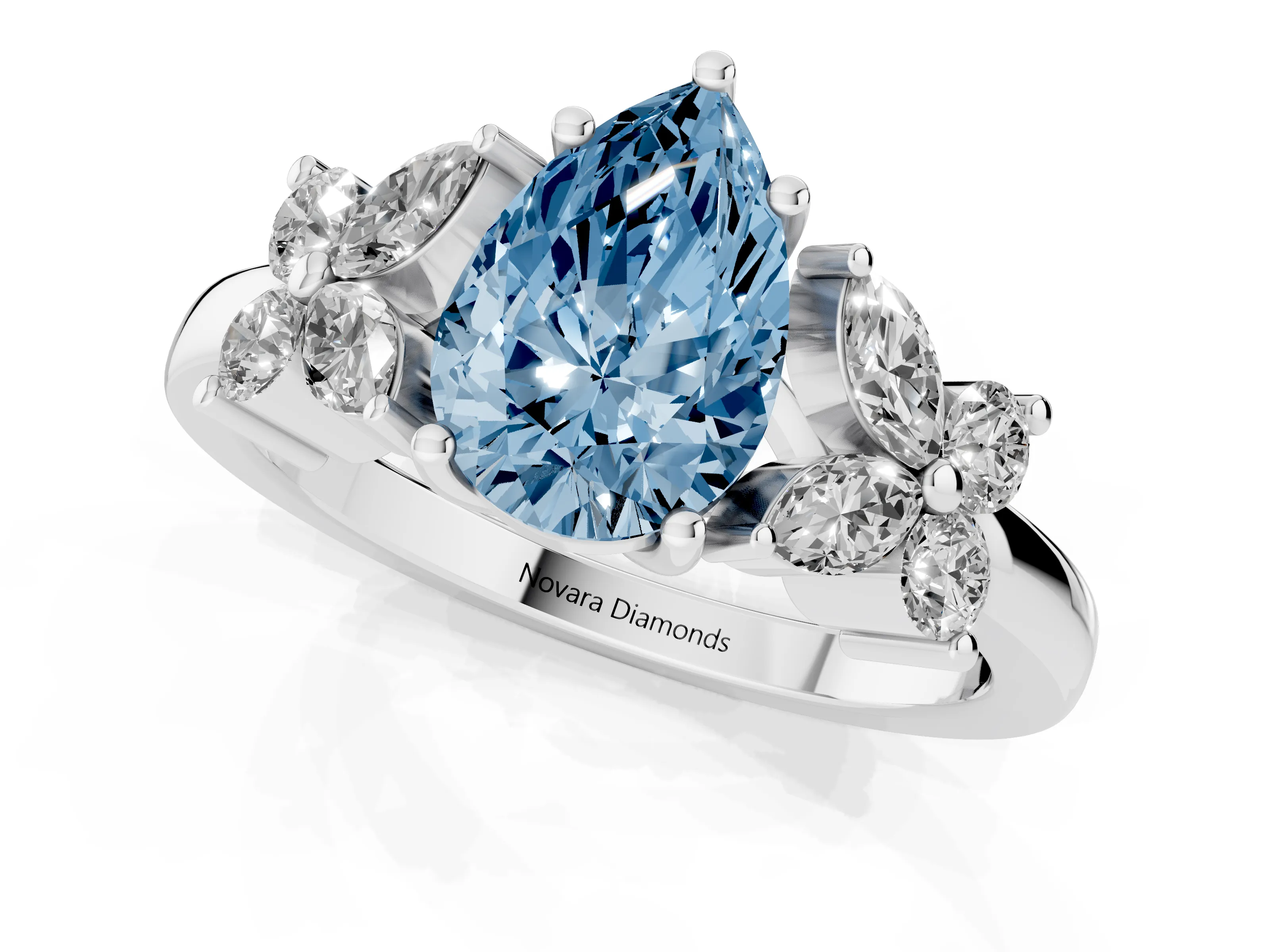 Fancy Blue Pear Cut Diamond Floral Cluster Ring Set in Silver with Marquise Petals and Prong Setting