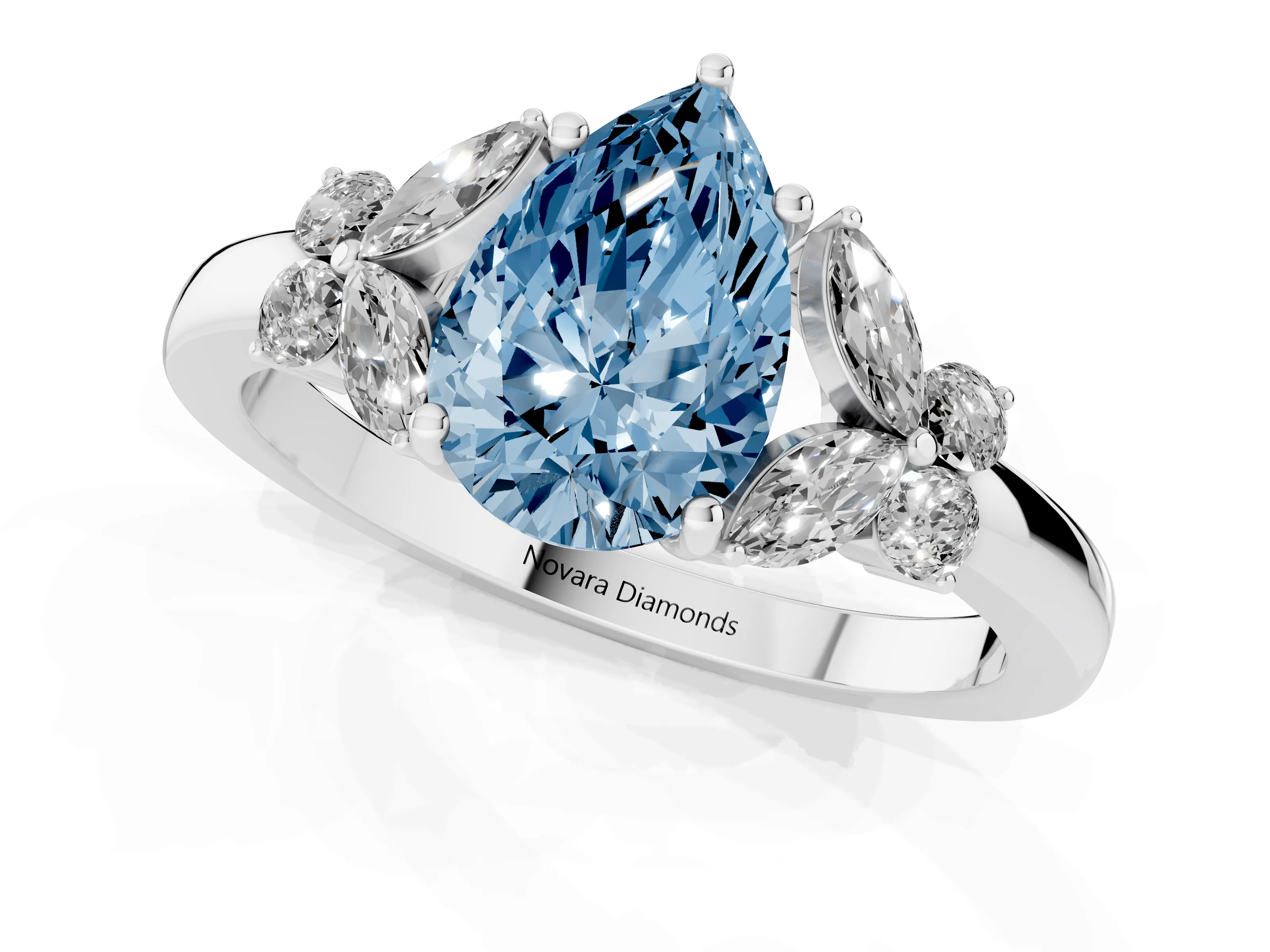 Fancy Blue Pear Cut Diamond Solitaire Floral Ring Set in Silver with Marquise Petals and Prong Setting