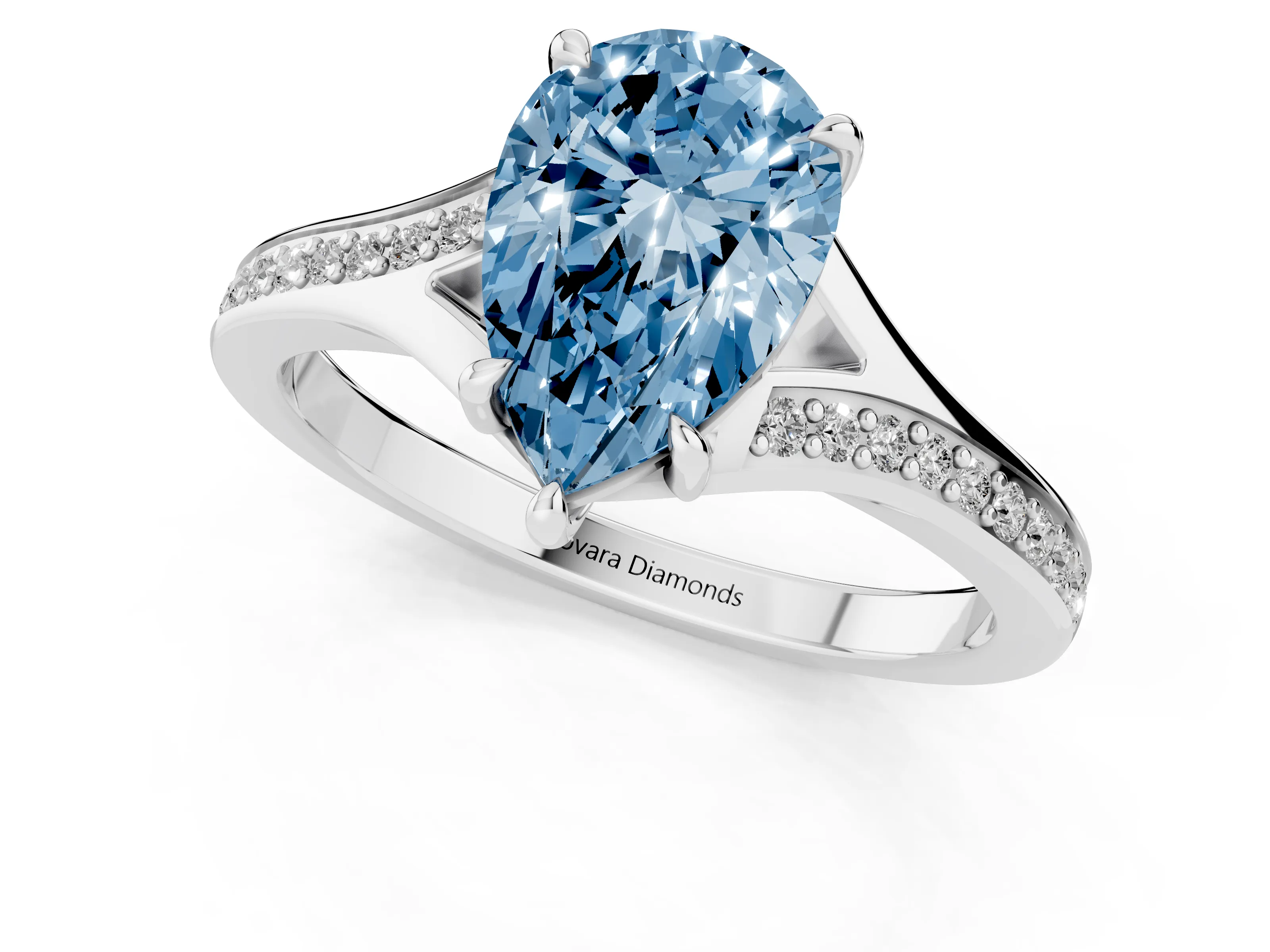 Fancy Blue Pear Cut Diamond Solitaire Ring Set in White gold with Pavé Accent Band and Classic Prong Setting