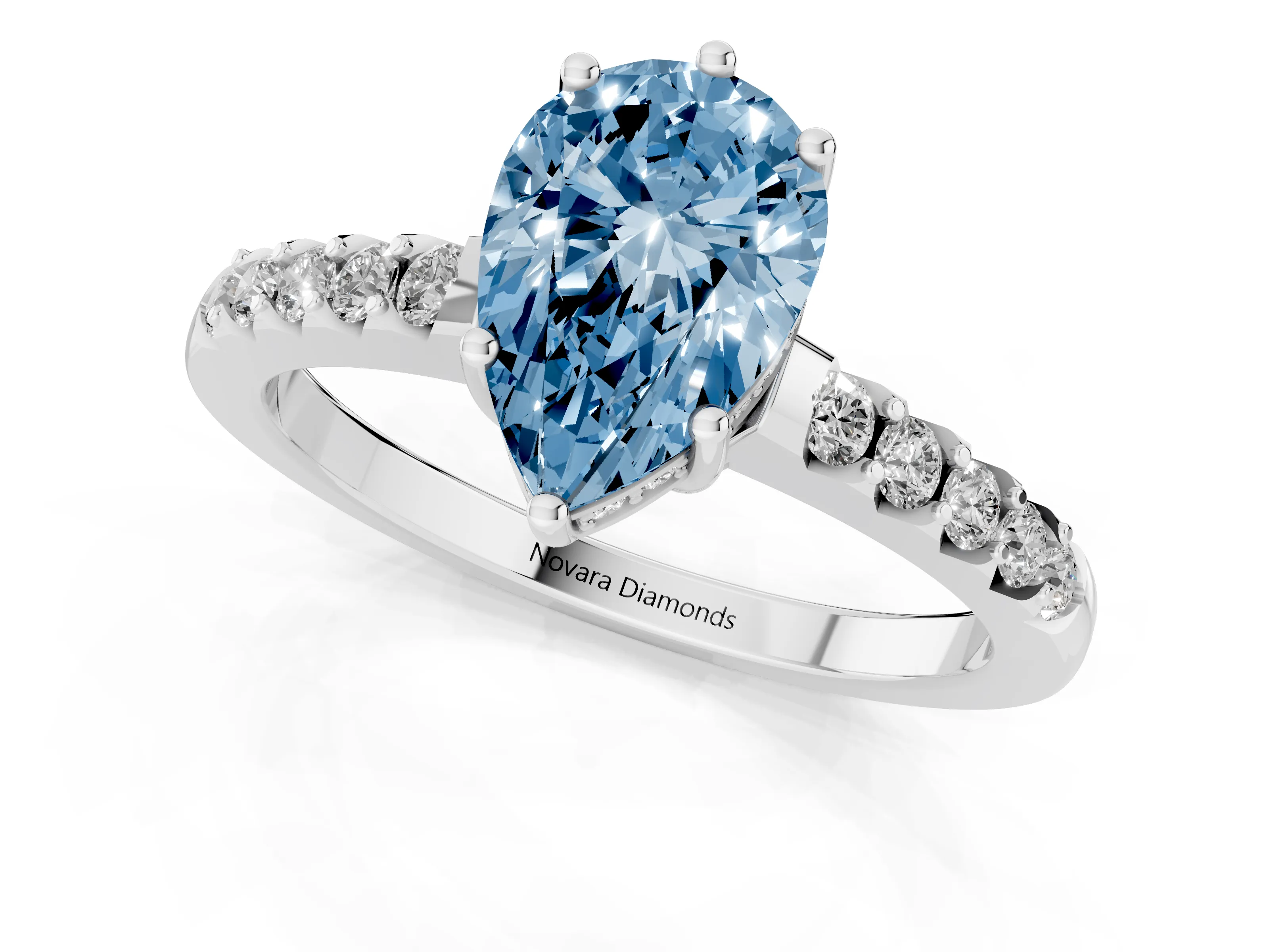 Fancy Blue Pear Cut Diamond Solitaire Engagement Ring Set in Platinum with Pavé Band and Prong Setting