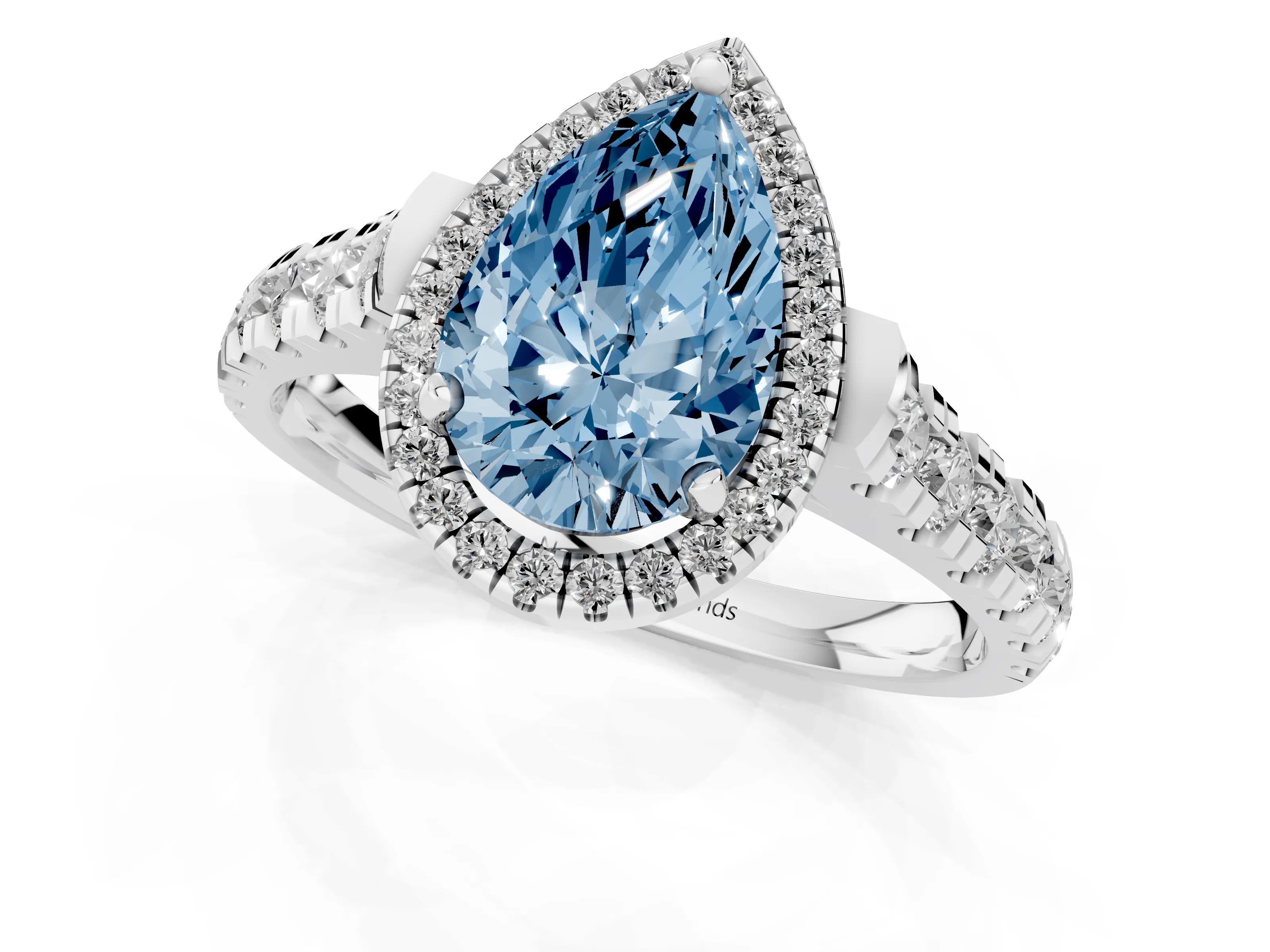 Fancy Blue Pear Cut Diamond Halo Engagement Ring Set in Silver with Pavé Band and Prong-Set Center