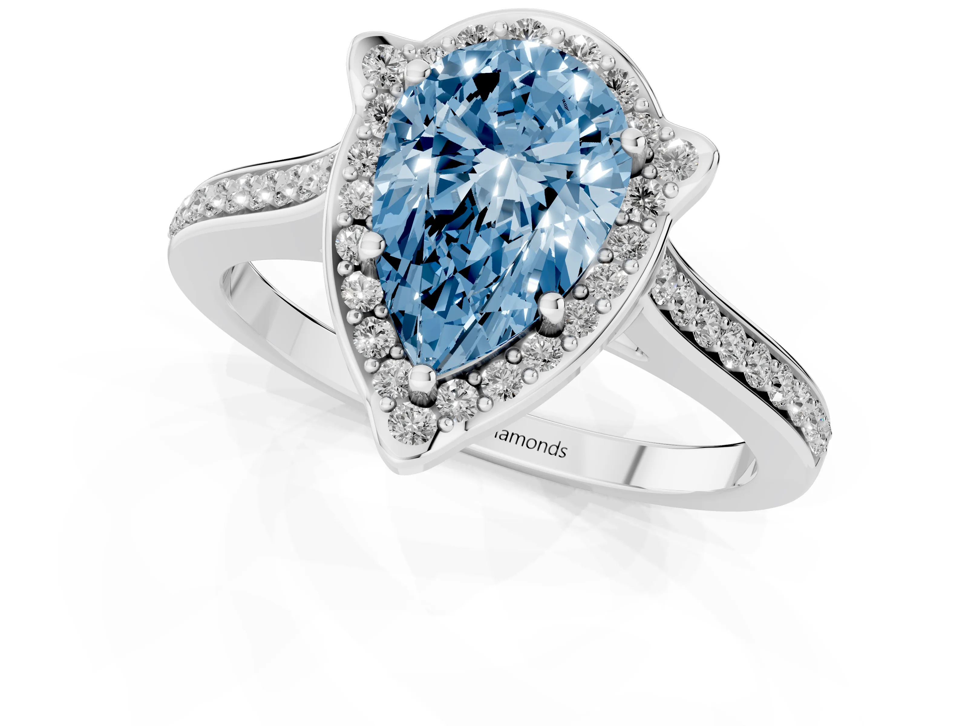 Fancy Blue Pear Cut Diamond Halo Ring Set in White gold with Pavé-Lined Shoulders and Prong Setting