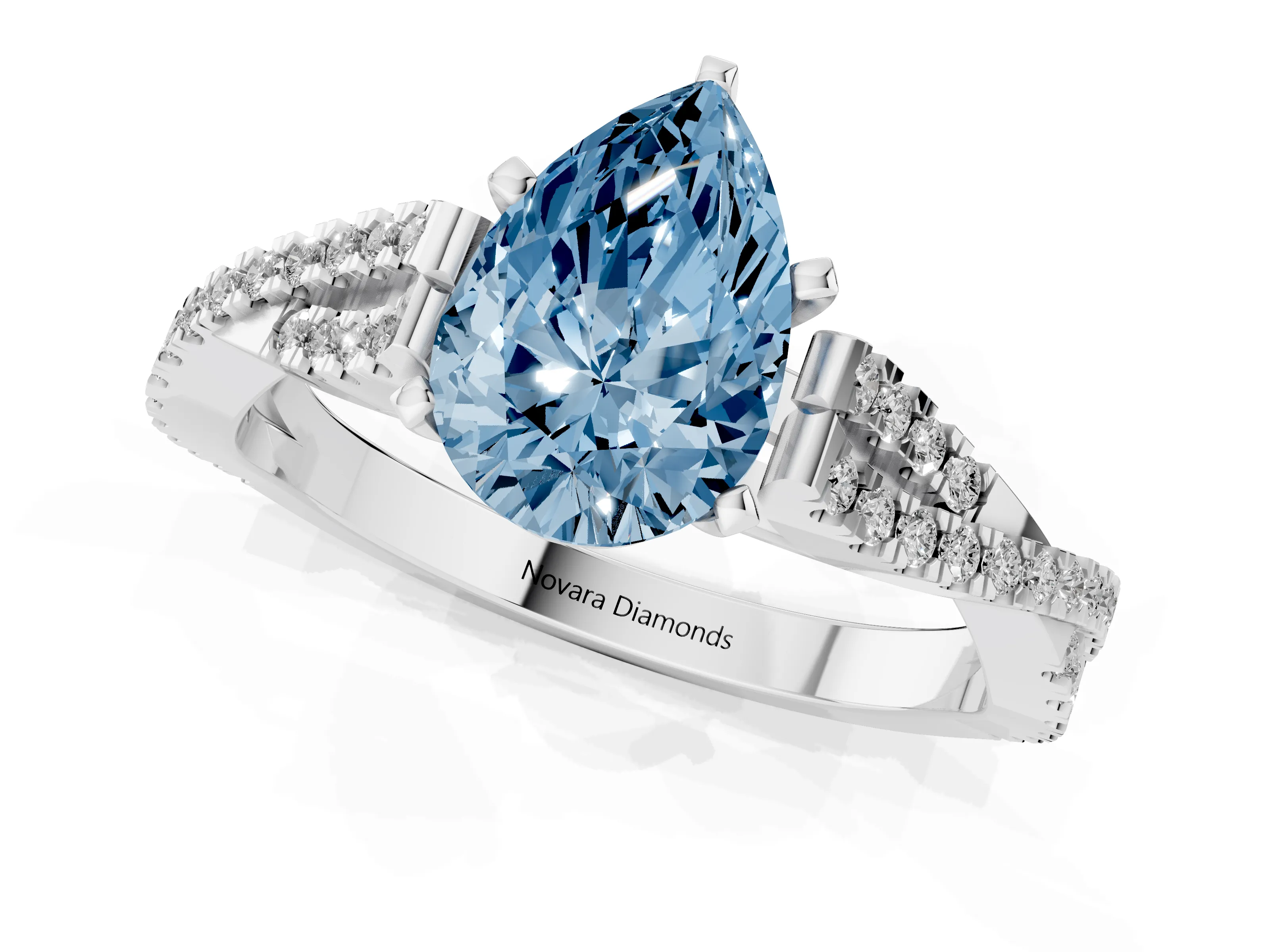 Fancy Blue Pear Cut Diamond Solitaire Engagement Ring Set in White gold with Twisted Pavé Band and Prong Setting
