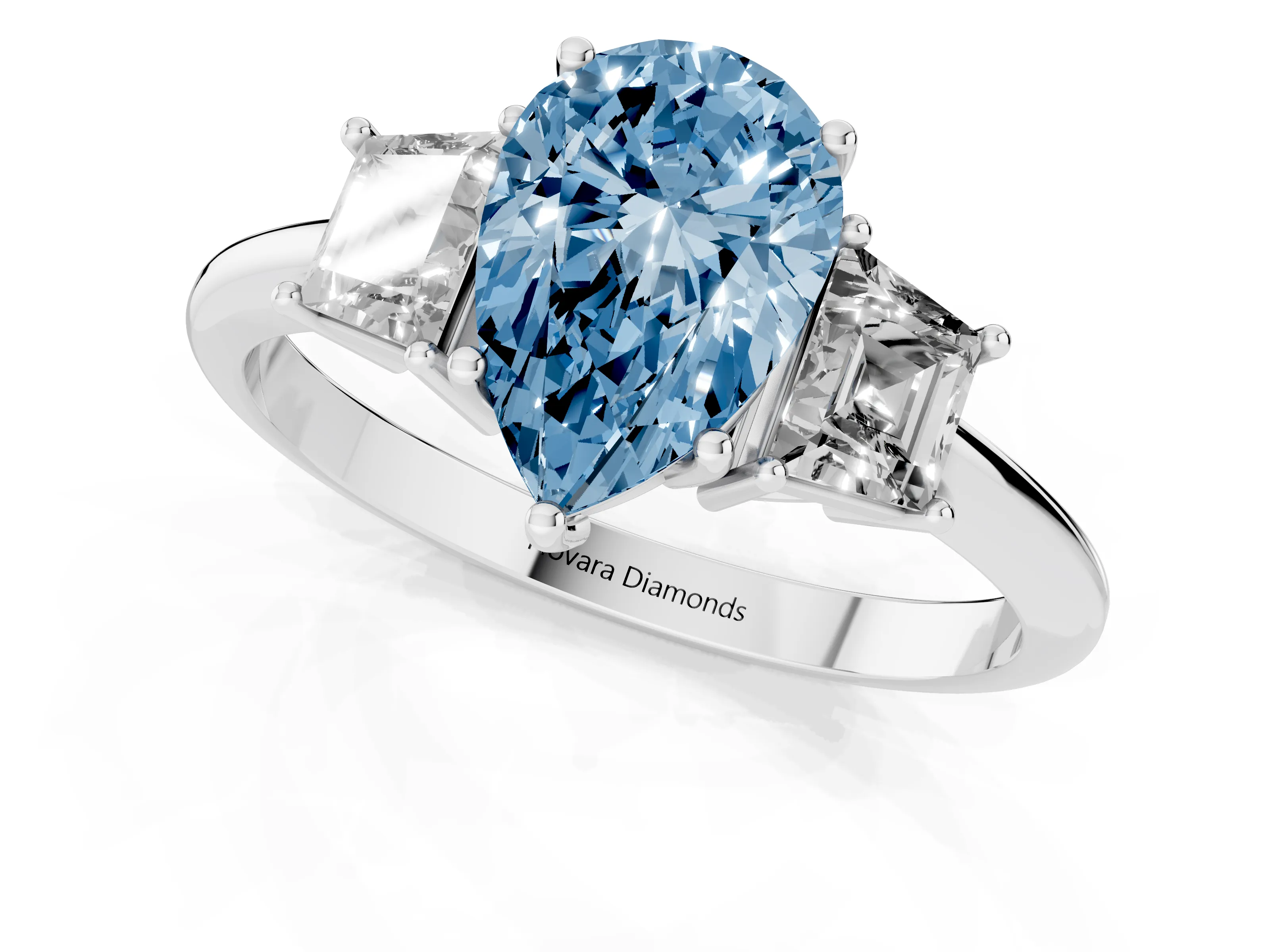 Fancy Blue Pear Cut Diamond Three-Stone Ring Set in Silver with Trapezoid Side Stones and Prong Setting