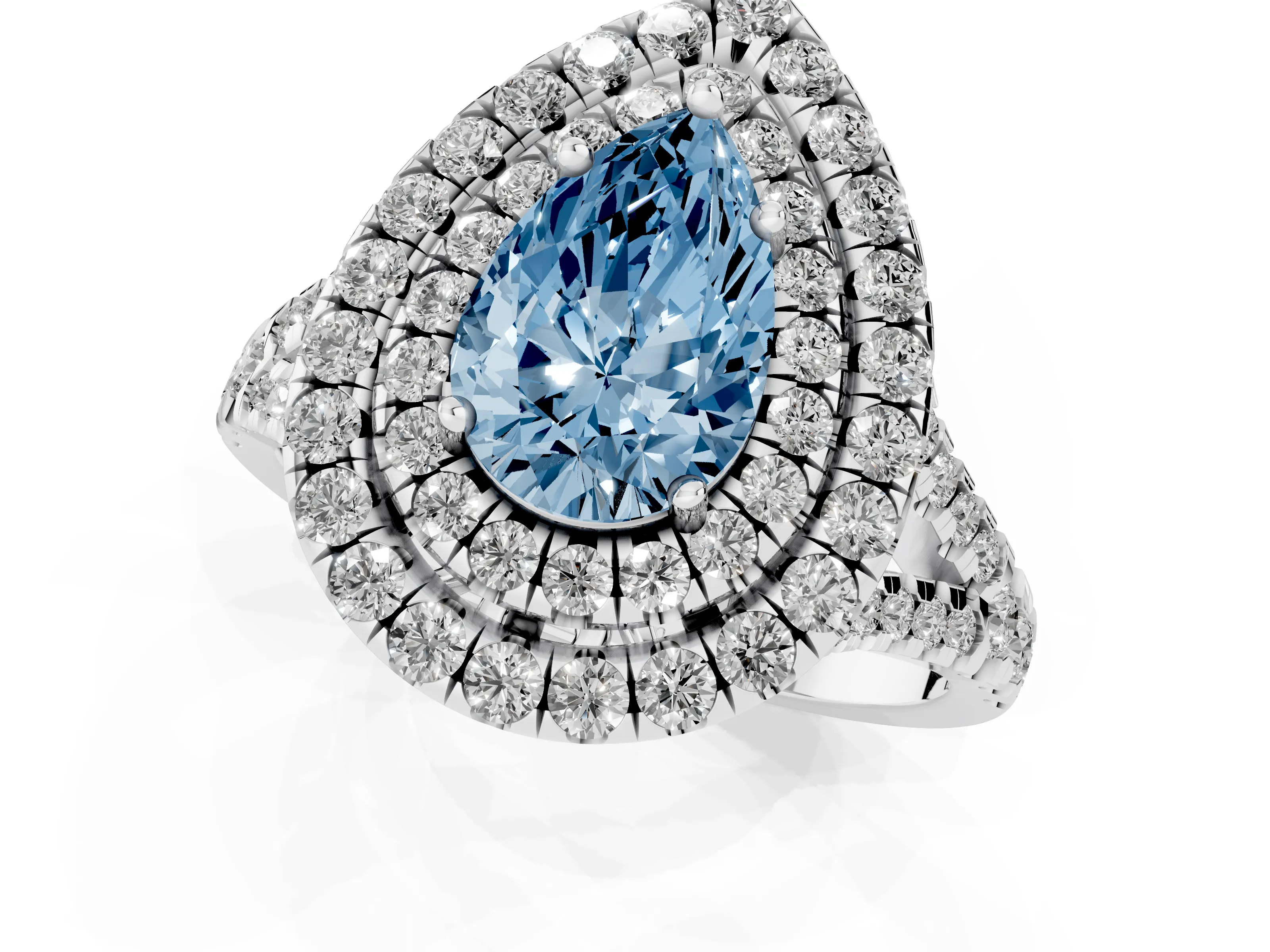 Fancy Blue Pear Cut Diamond Double Halo Ring Set in Silver with Pavé Split Shank and Prong Setting