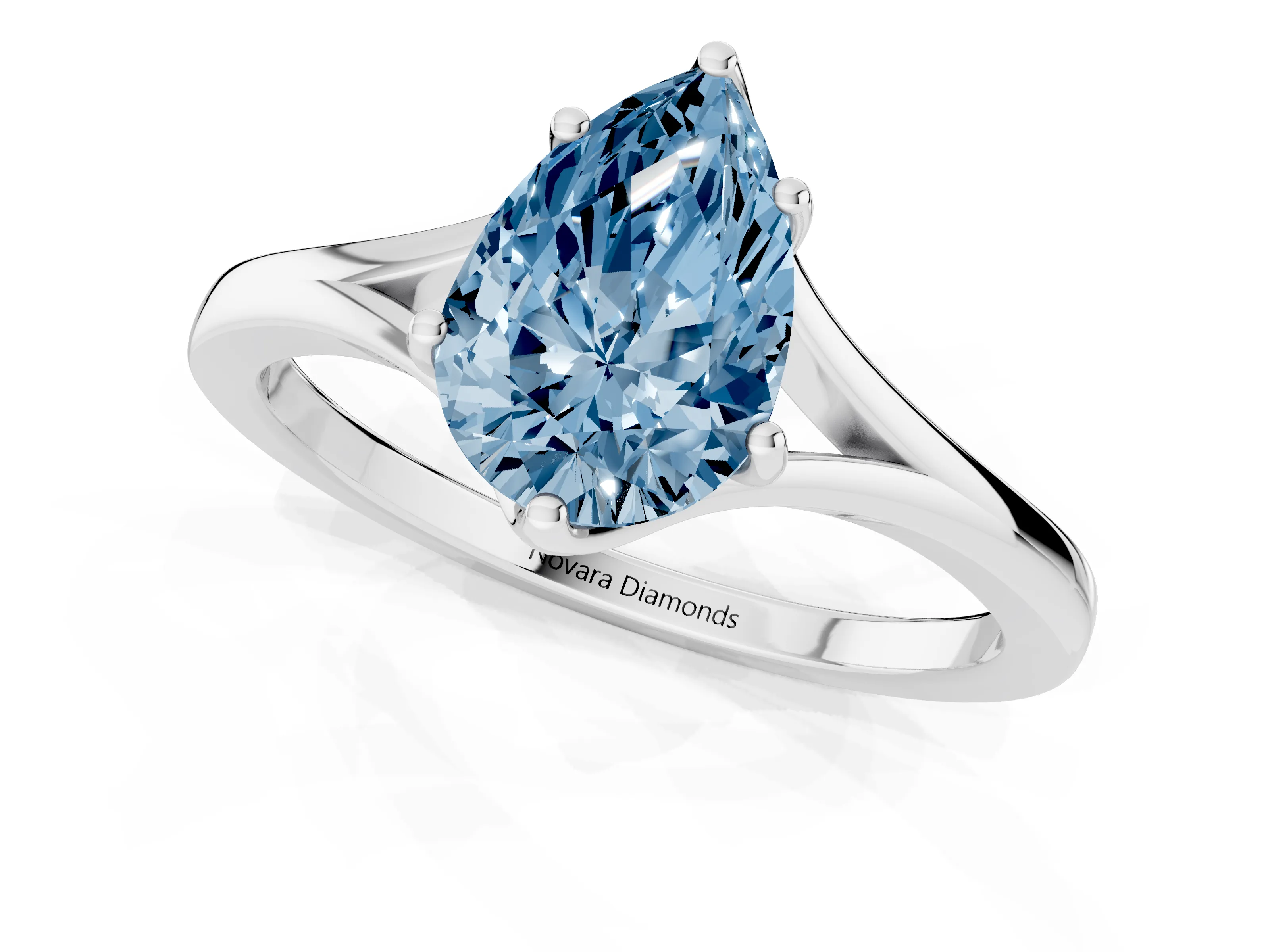 Fancy Blue Pear Cut Diamond Solitaire Ring Set in White gold with Polished Tapered Band and Prong Setting