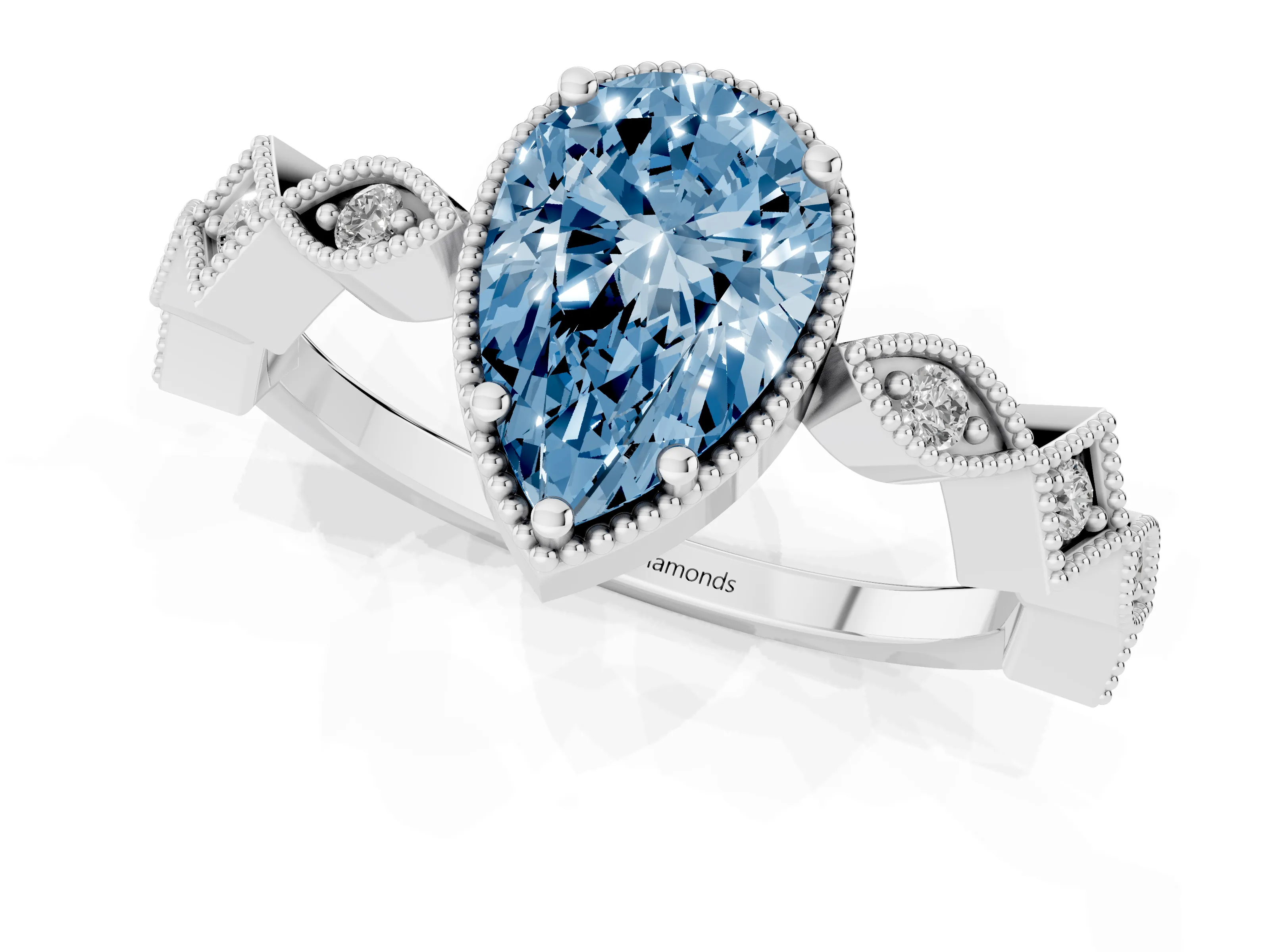 Fancy Blue Pear Cut Diamond Milgrain Marquise Twist Band Ring Set in White gold with Prong Setting