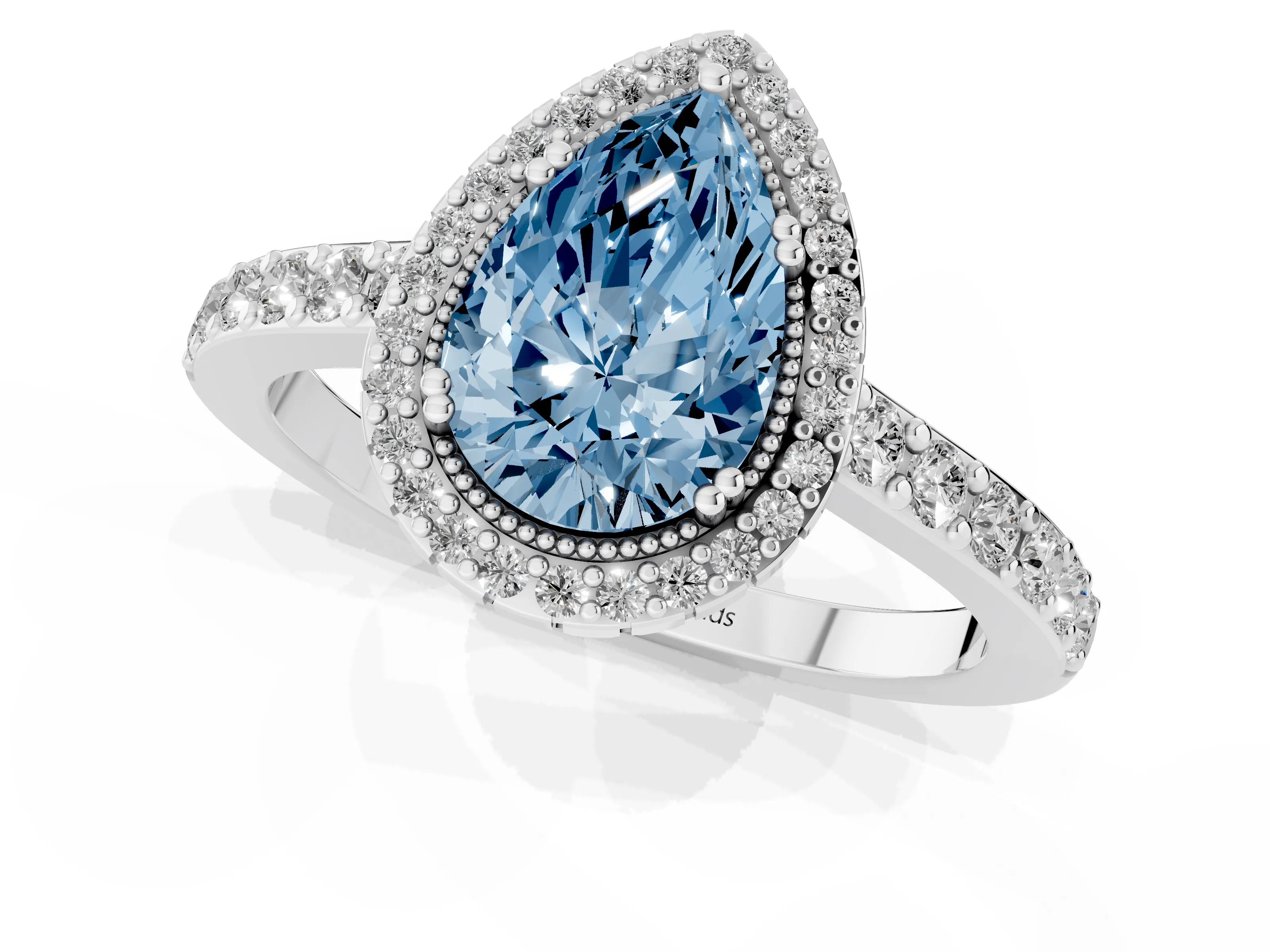 Fancy Blue Pear Cut Diamond Halo Engagement Ring Set in White gold with Milgrain Detail and Pavé Band